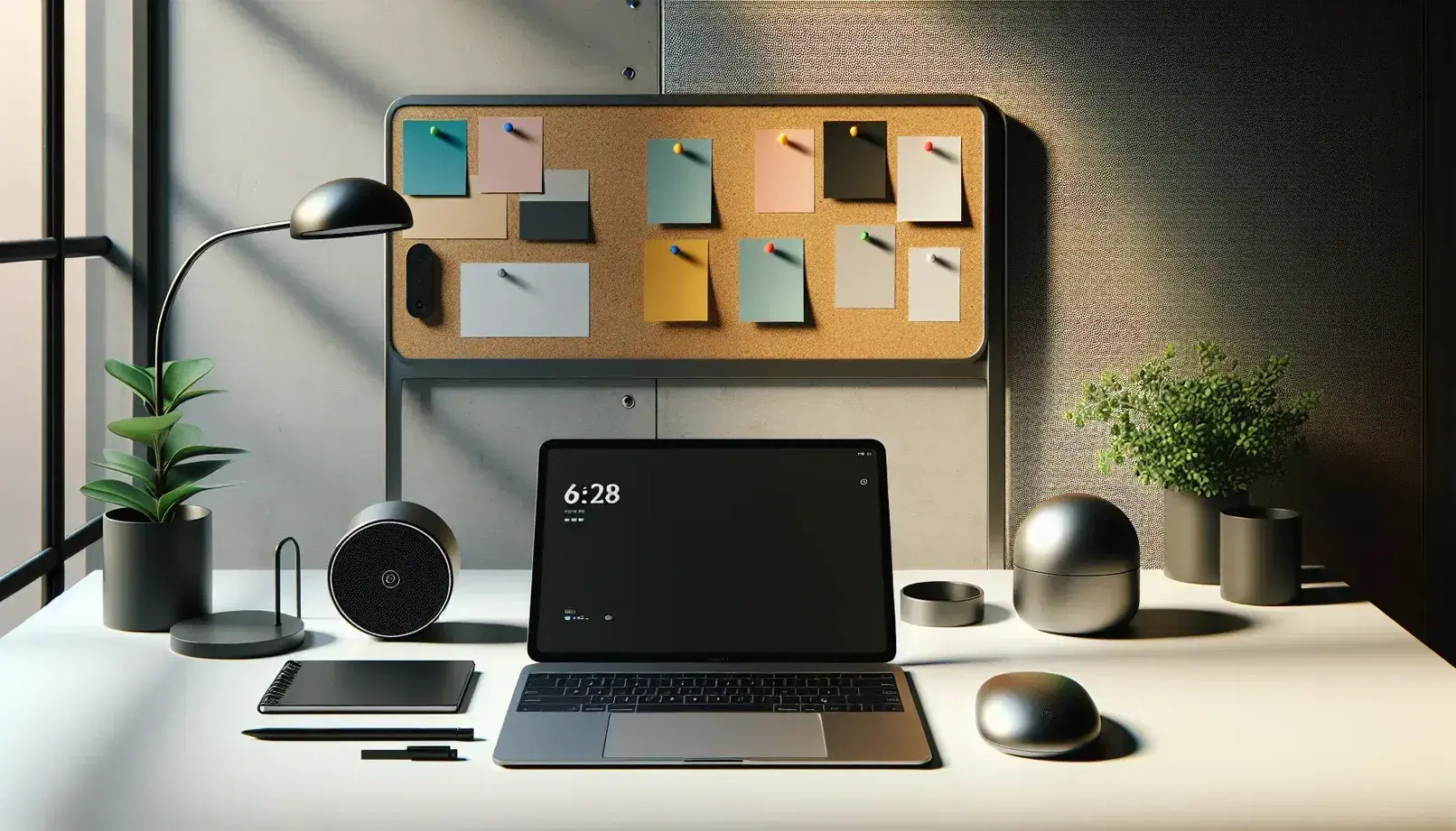 Espacio de trabajo moderno y ordenado con portátil abierto, ratón inalámbrico, planta, tablero de corcho con notas de colores y prototipo de diseño industrial en un escritorio iluminado naturalmente.