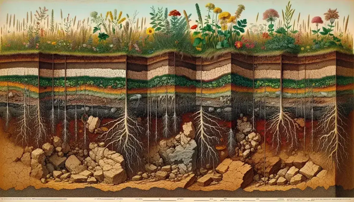 Sección transversal de suelo mostrando vegetación, capa de tierra negra con raíces, estratos de colores y texturas variadas, y pequeños insectos en túneles.