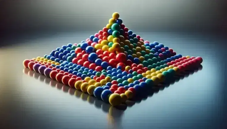 Sfere colorate in rosso, blu, verde, giallo e viola organizzate in gruppi e piramide su superficie riflettente con ombre morbide.