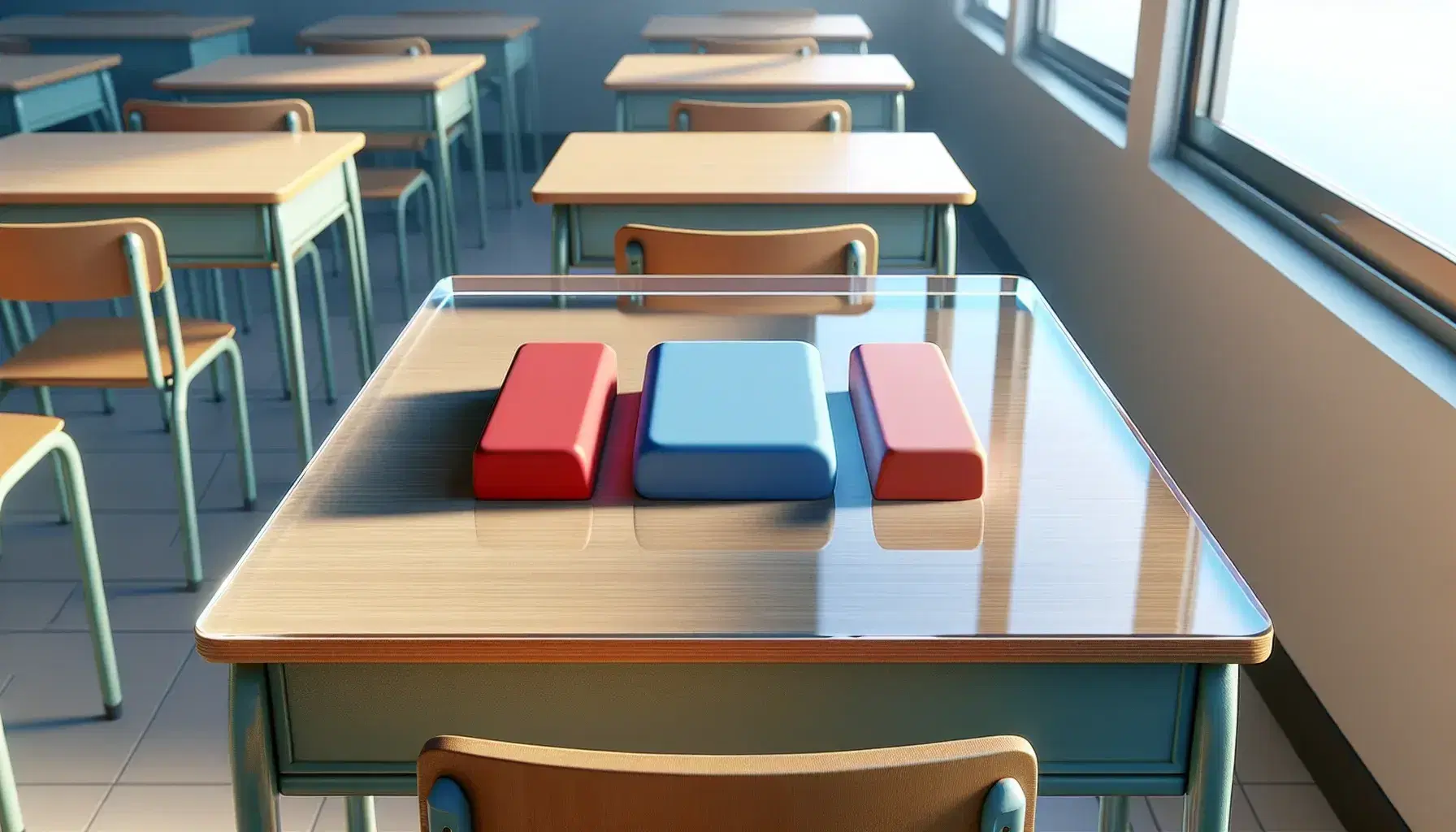 Three rectangular erasers in blue, red, and green arranged in a T-shape on a classroom desk with wooden desks and chairs in the background.