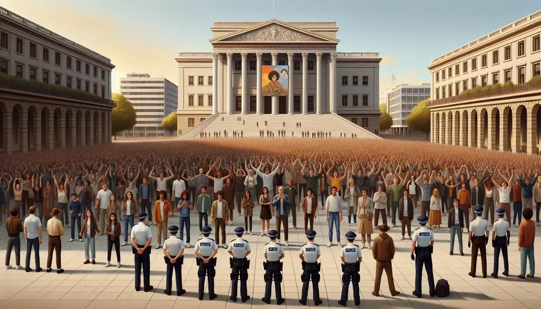 Peaceful demonstration in urban square with diverse crowd raising arms, relaxed police presence, and neoclassical government building backdrop.