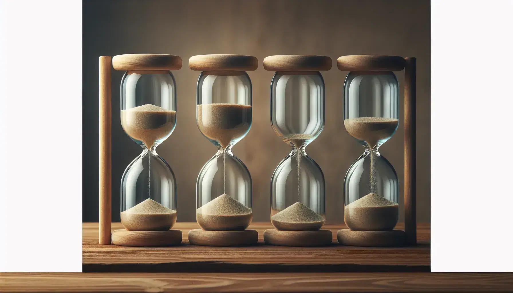 Four hourglasses in a row on a wooden table with varying amounts of sand, from almost full to completely empty.