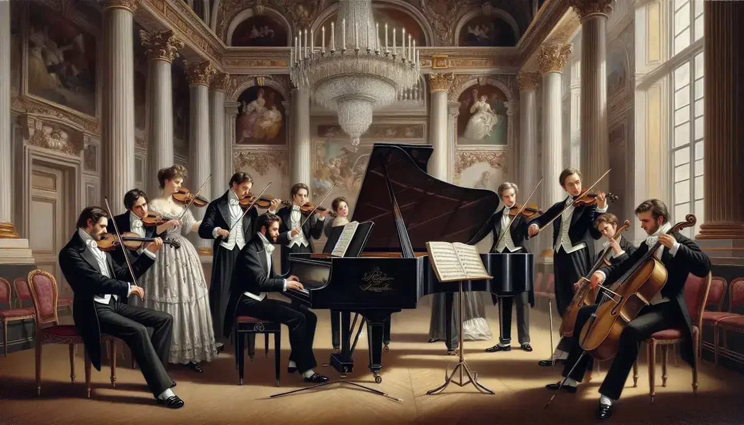 Ensemble di musicisti in abiti d'epoca romantica in sala concerti ornata, con pianoforte a coda e luci di cristallo.