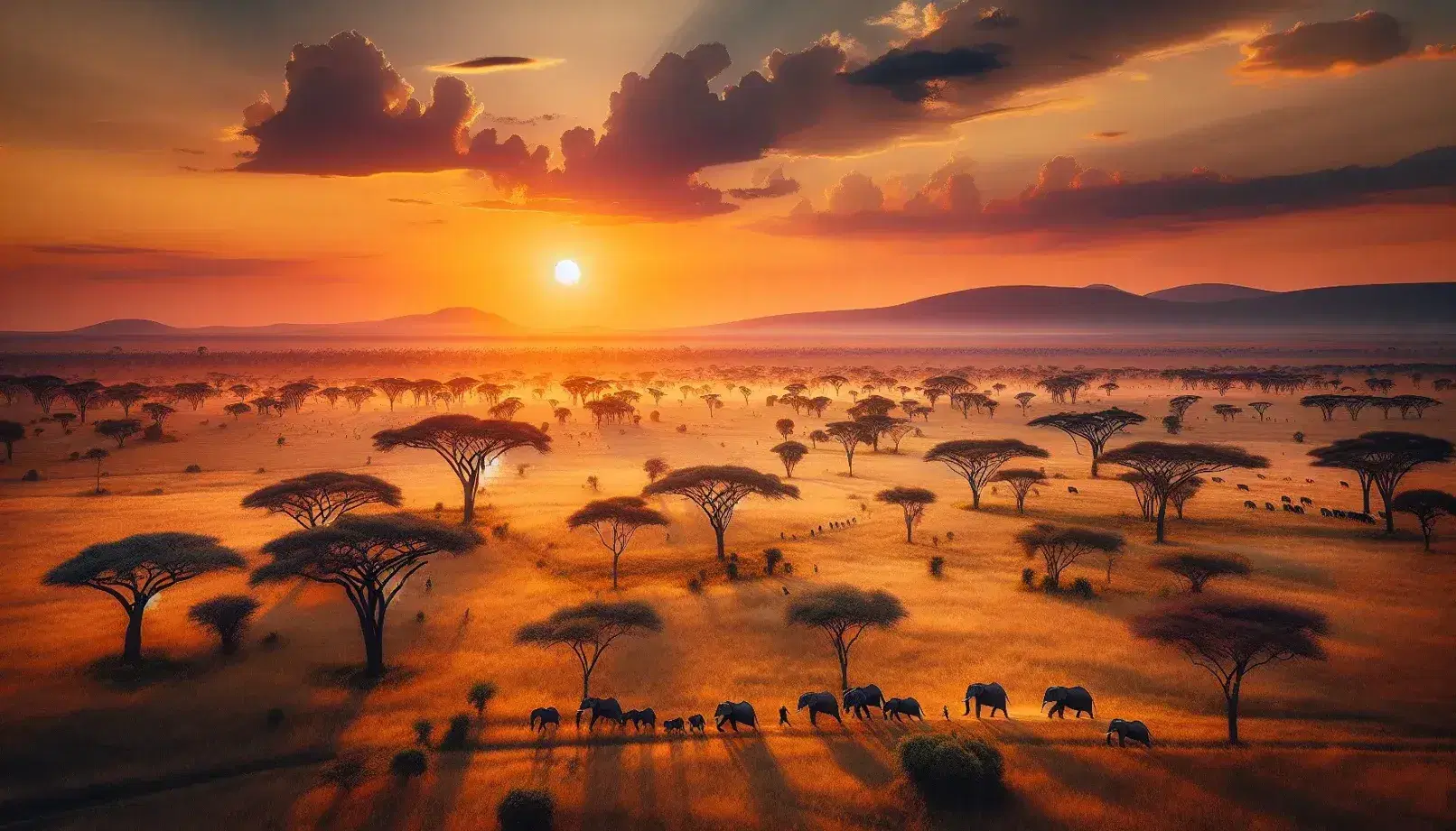 Atardecer en la sabana africana con acacias, sombras alargadas, elefantes en fila y montañas al fondo bajo un cielo degradado.