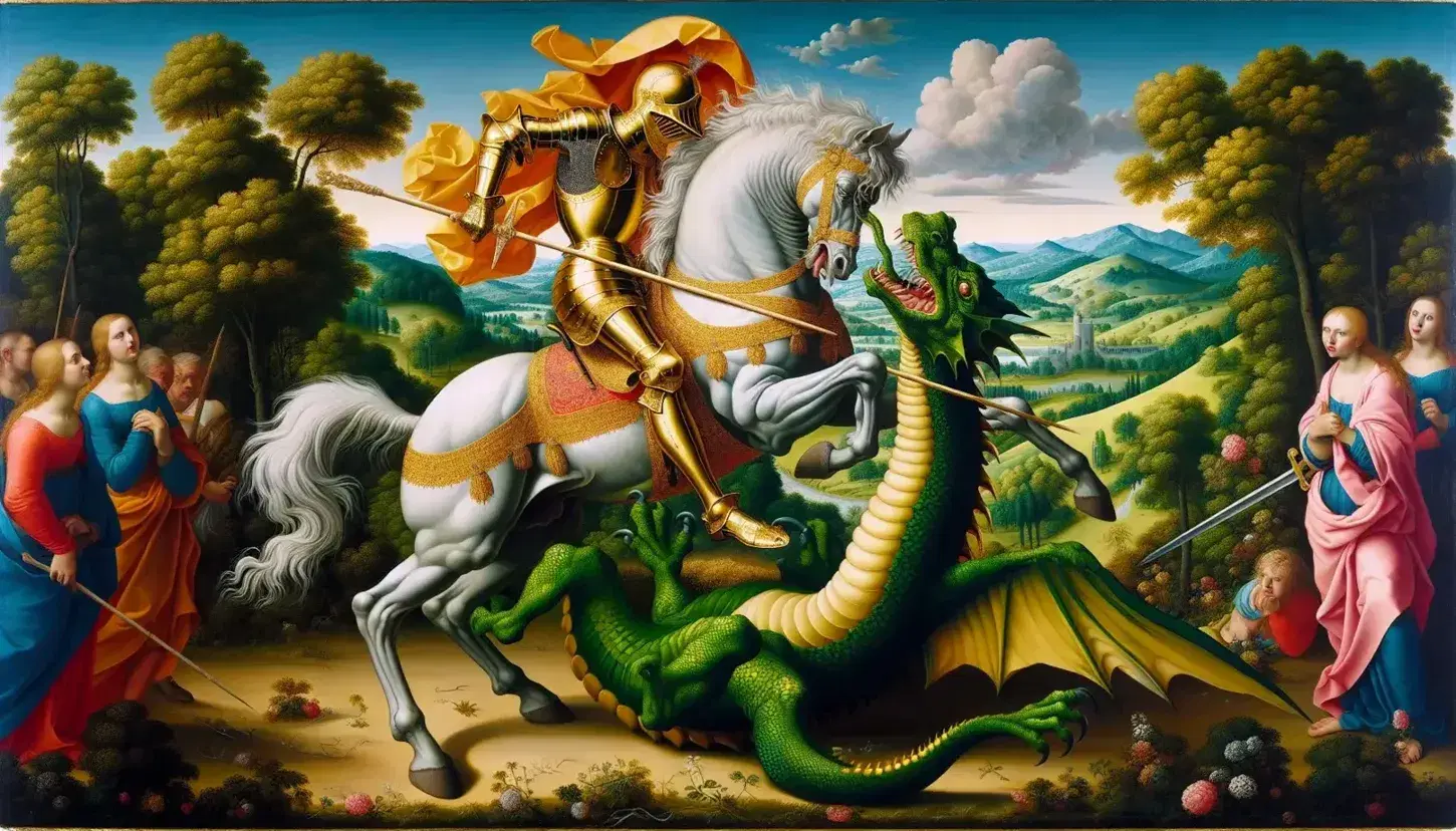 San Giorgio in armatura dorata a cavallo combatte il drago verde con una lancia in un paesaggio rinascimentale sereno.