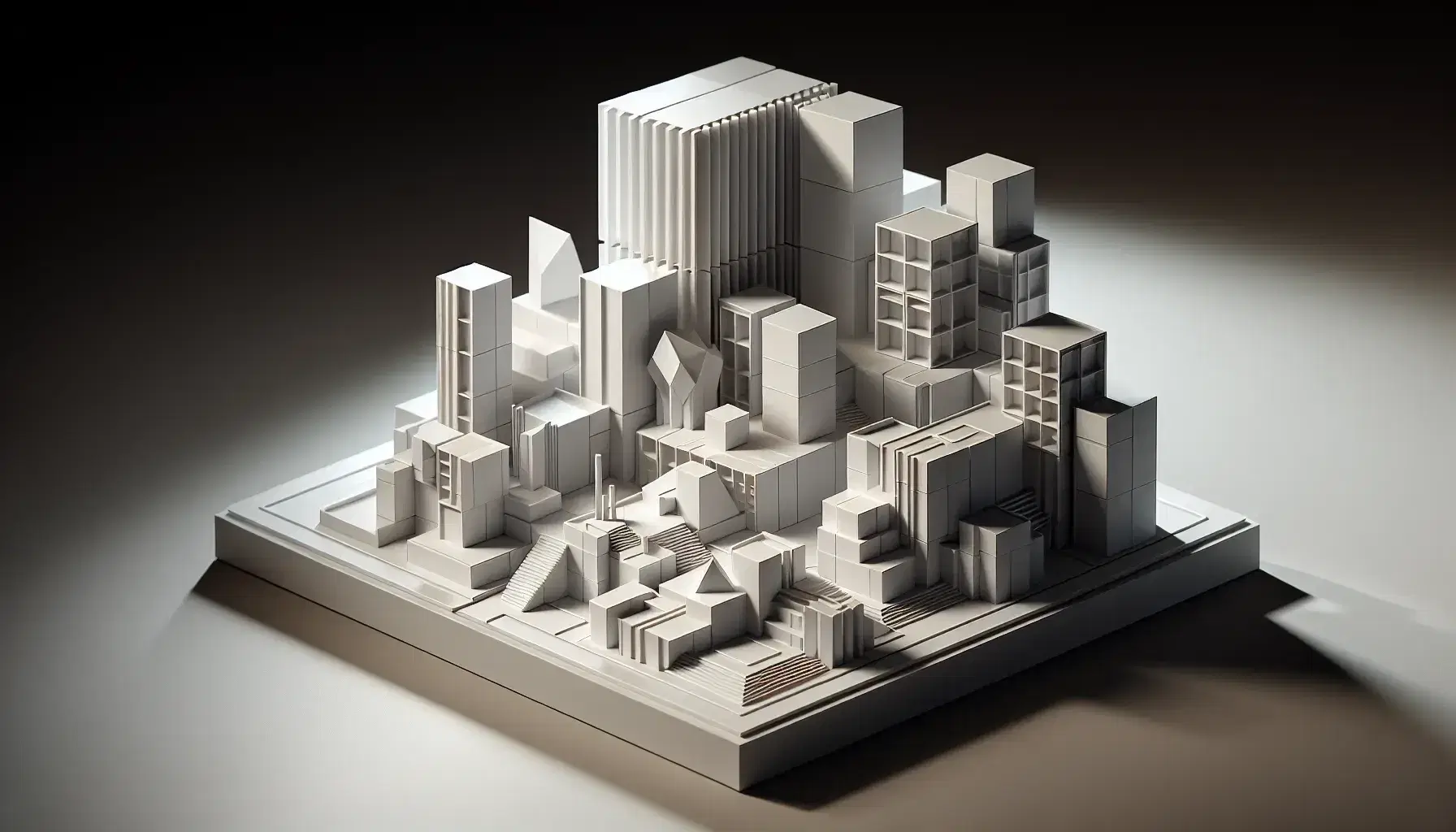 Architectural model featuring white geometric shapes with staggered triangular prisms and glossy cylindrical towers on a light gray background.
