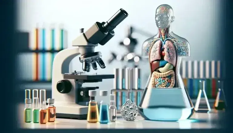 Scientific laboratory with beaker of blue liquid, microscope, colored test tubes and anatomical model of endocrine glands.