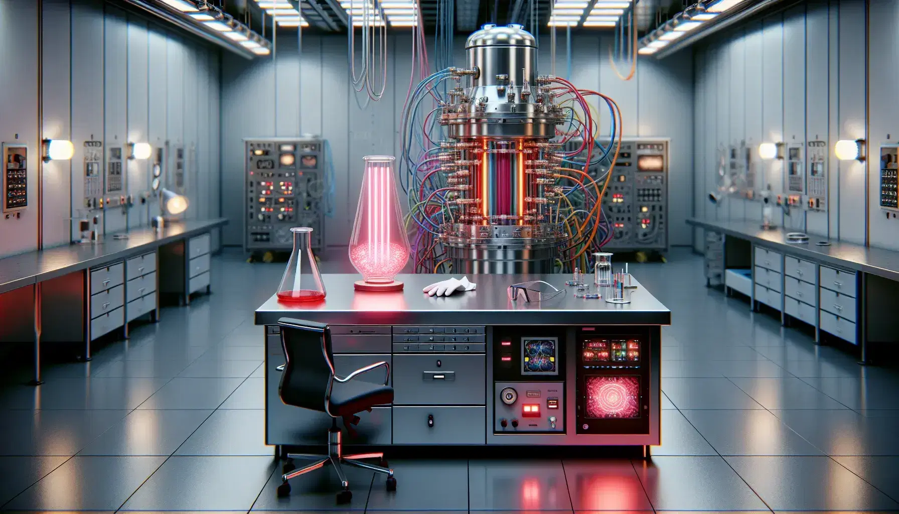 Laboratorio de física de partículas con mesa metálica, tubo de neón rojo, guantes de seguridad y gafas, máquina cilíndrica con tubos y luces LED azules, sin personas.