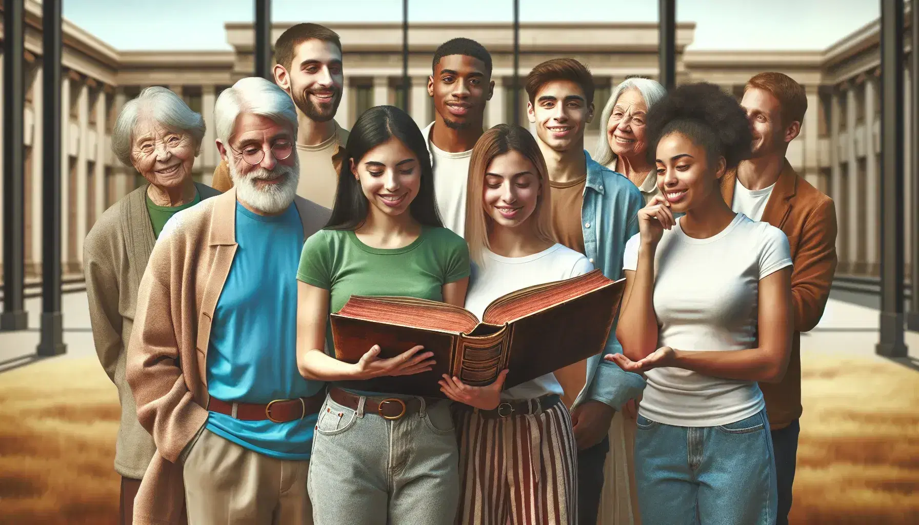 Grupo diverso de personas interactuando alrededor de un libro grande en un espacio abierto con edificio de fondo en un día soleado.