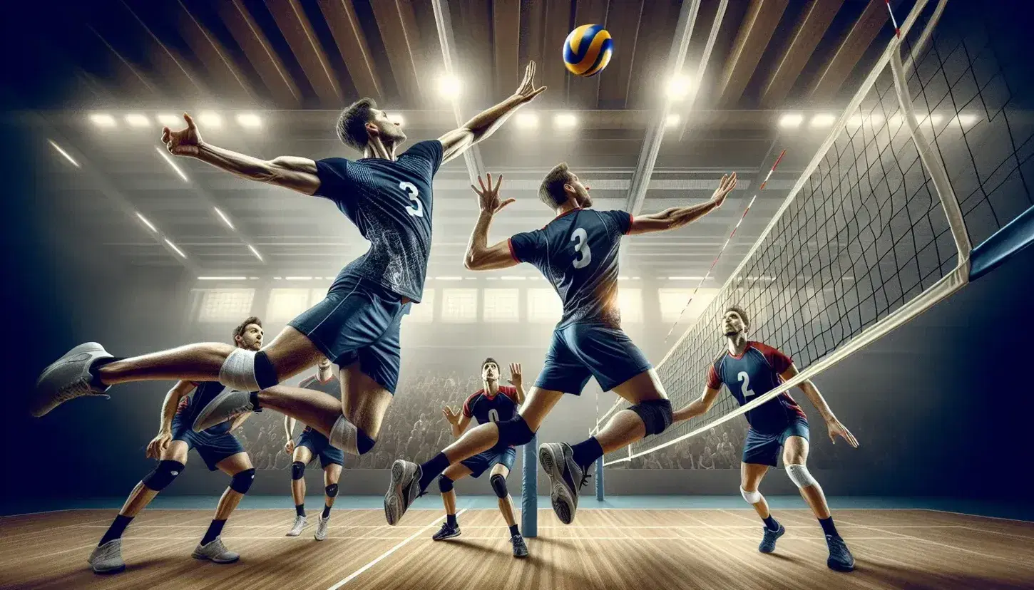 Giocatore di pallavolo in divisa blu scuro esegue un potente attacco al volo mentre avversari in rosso tentano il blocco, in una palestra illuminata.