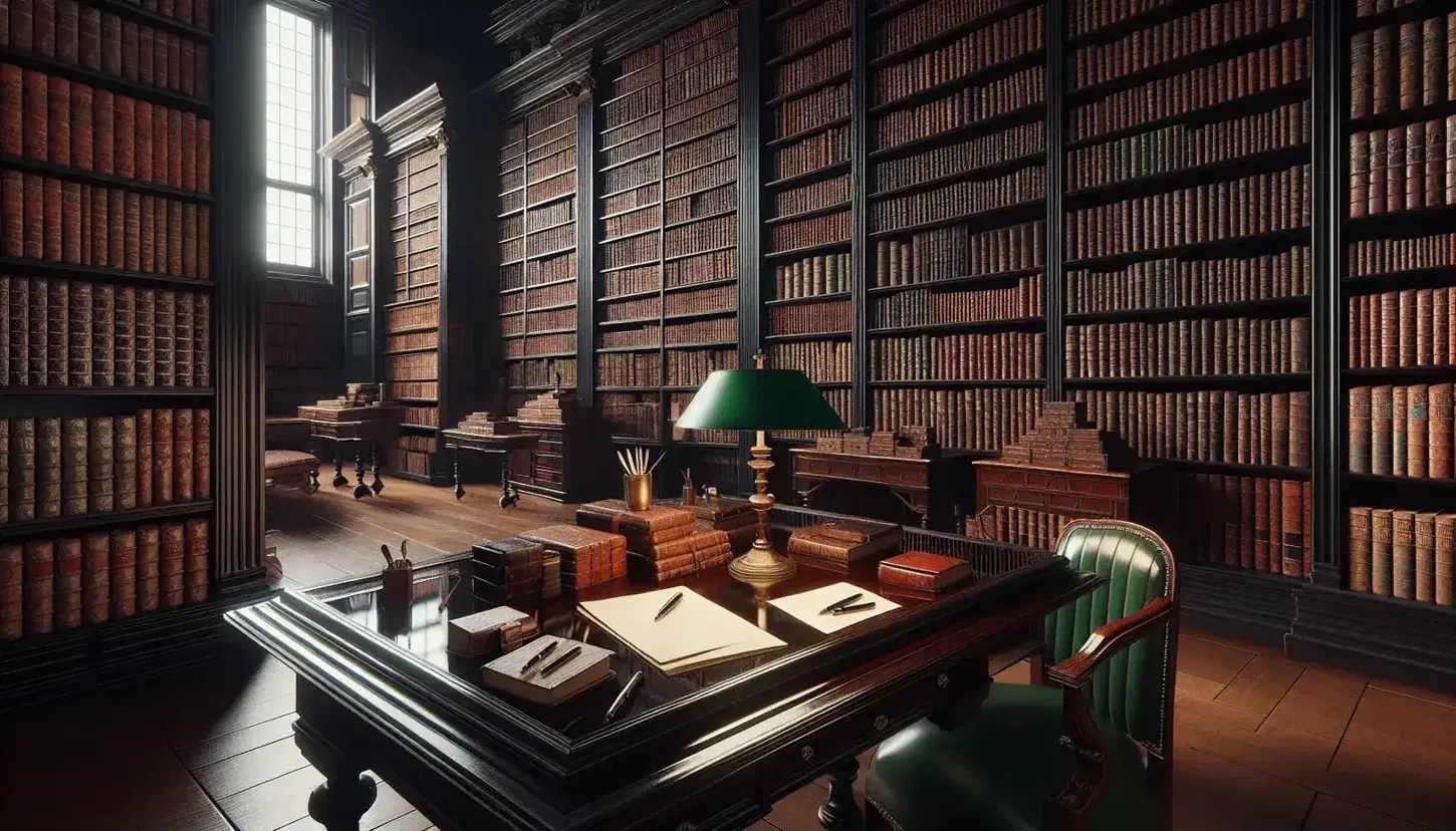 Biblioteca storica con scaffali in legno scuro pieni di libri antichi, tavolo con fogli e penna stilografica, lampada classica e tappeto persiano.