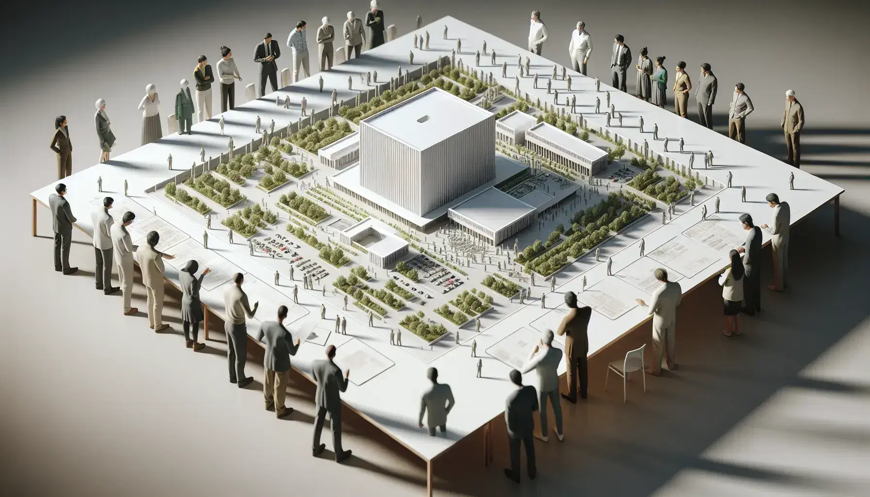 Grupo diverso de personas analiza maqueta de edificio con árboles y vehículos en mesa de reuniones, en ambiente interior iluminado.