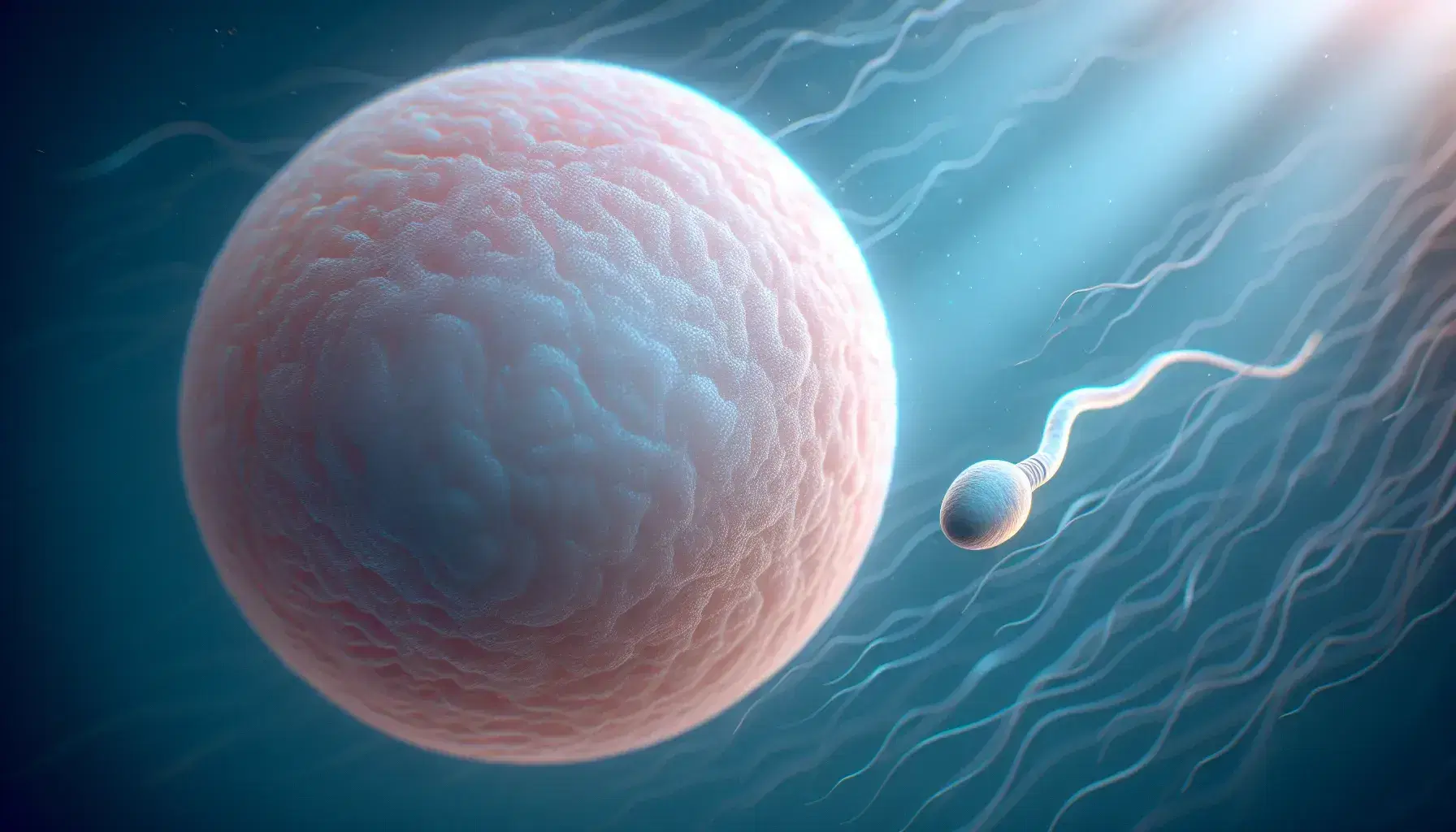 Óvulo humano de color rosa pálido y espermatozoide con cabeza grisácea acercándose en un fondo azul claro que simula un entorno acuático, sin texto visible.