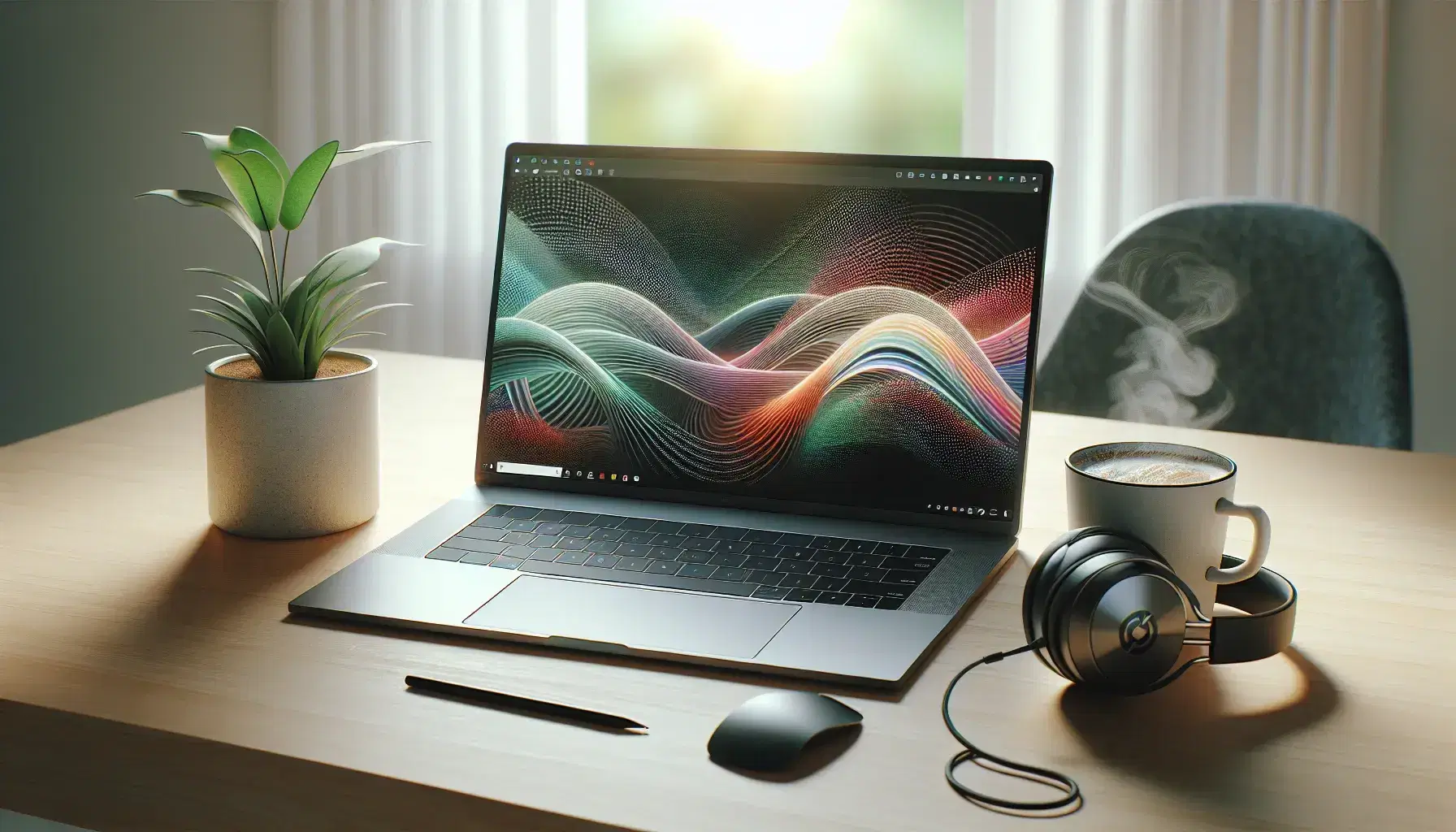 Modern workspace with bright silver laptop, white coffee cup, black headphones and green plant on light wooden desk and natural light.