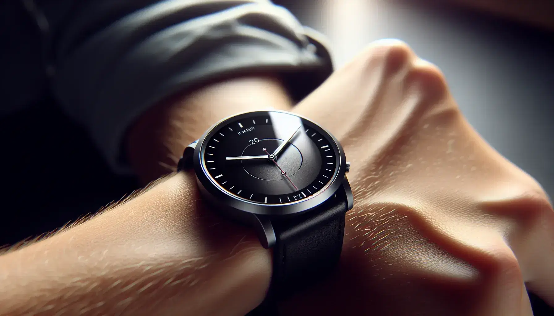 Modern digital wrist watch with black analog dial, silver hands, vibrant red seconds and matte black leather strap.
