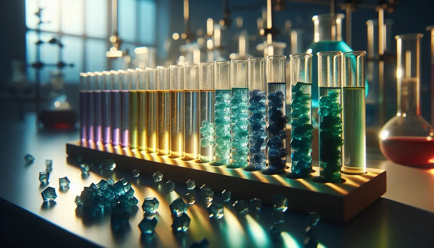 Provette in vetro con soluzioni colorate che mostrano le fasi di ossidazione del cromo su supporto in legno in laboratorio.