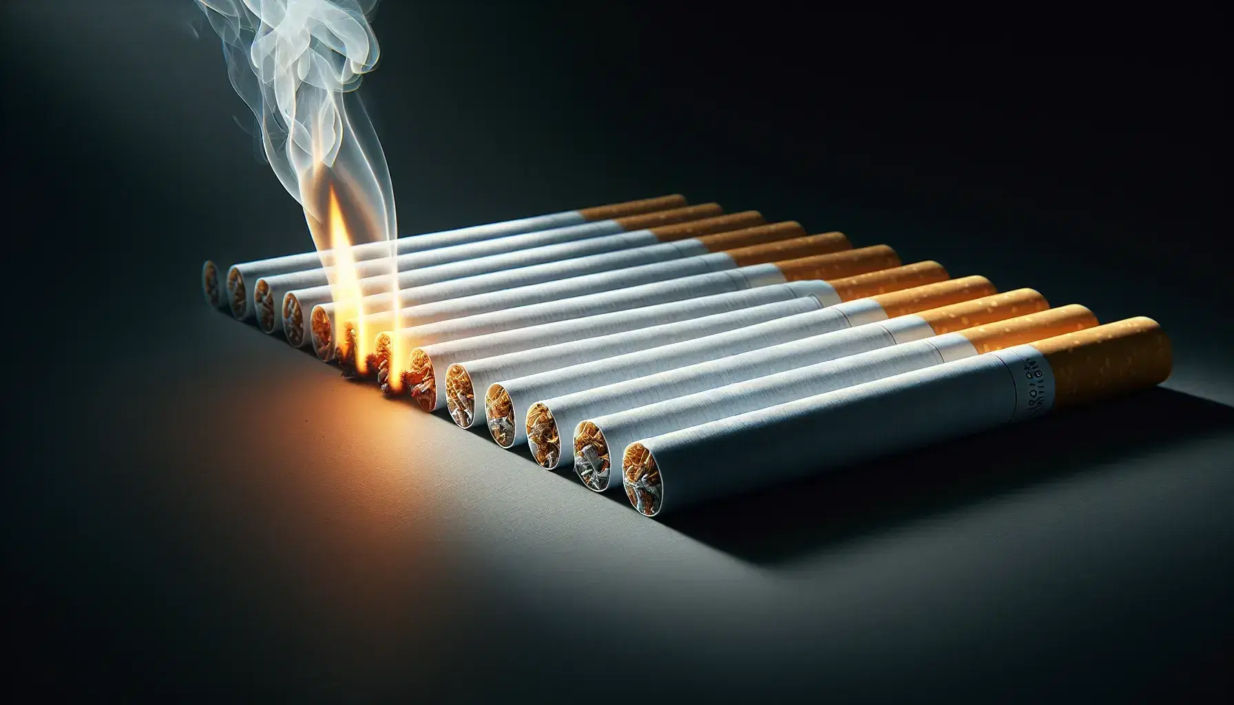 Primer plano de cigarrillos en paralelo con uno encendido y humo ascendente sobre fondo oscuro, resaltando la punta naranja brillante y la textura irregular del cigarrillo activo.