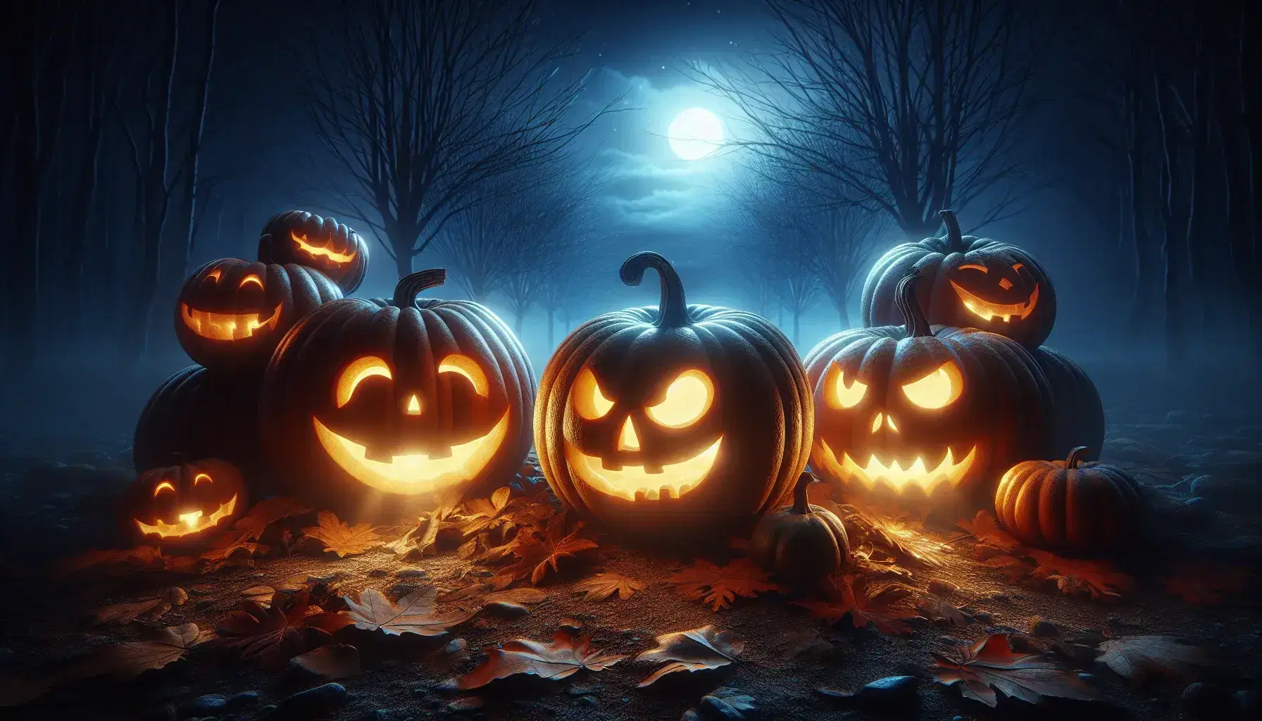 Zucche intagliate illuminate dall'interno su foglie autunnali con alberi spogli e cielo notturno sullo sfondo, atmosfera di Halloween.