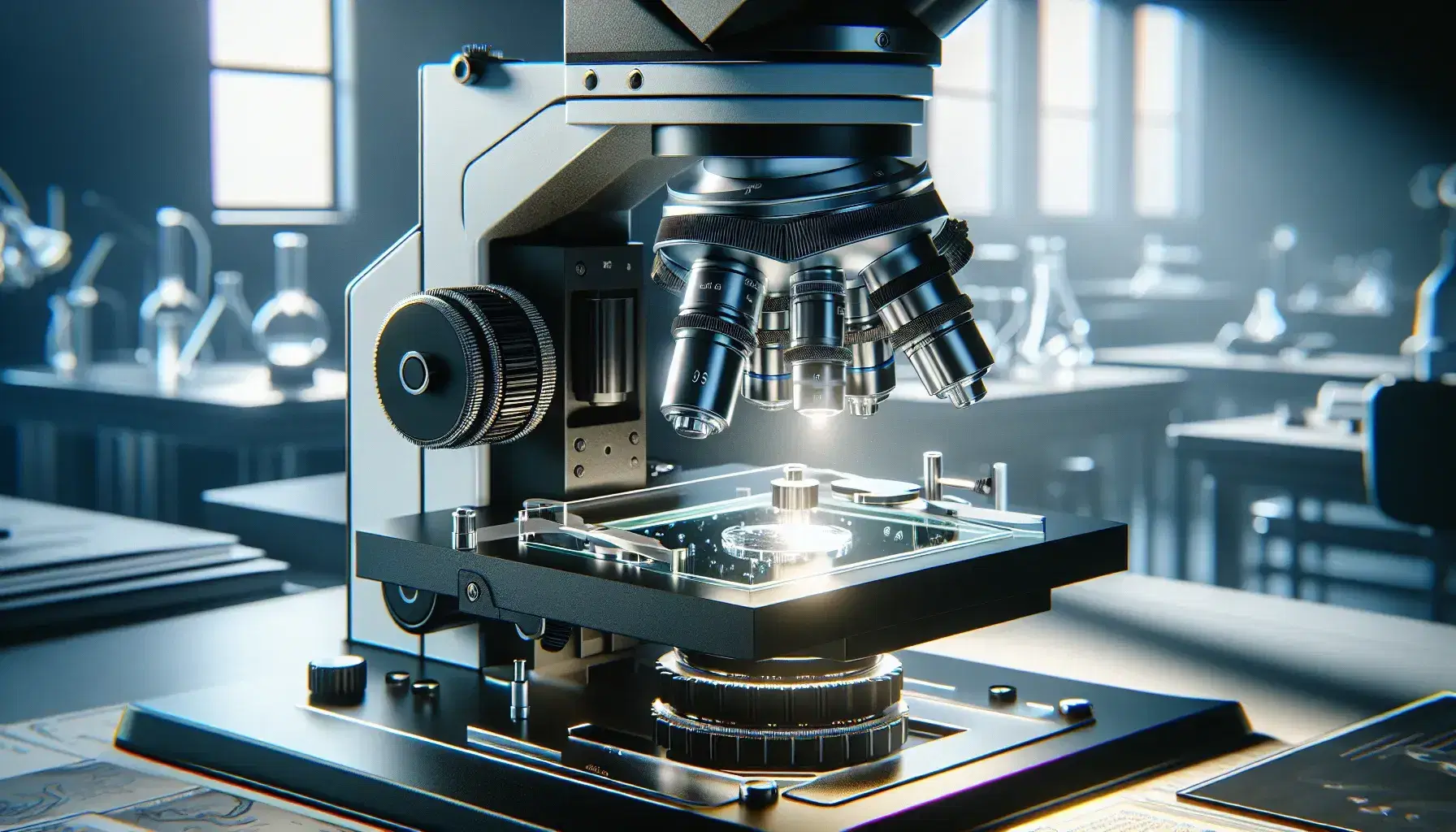 Microscopio óptico moderno enfocado en torreta con objetivos y platina con portaobjetos iluminado, en laboratorio difuso.