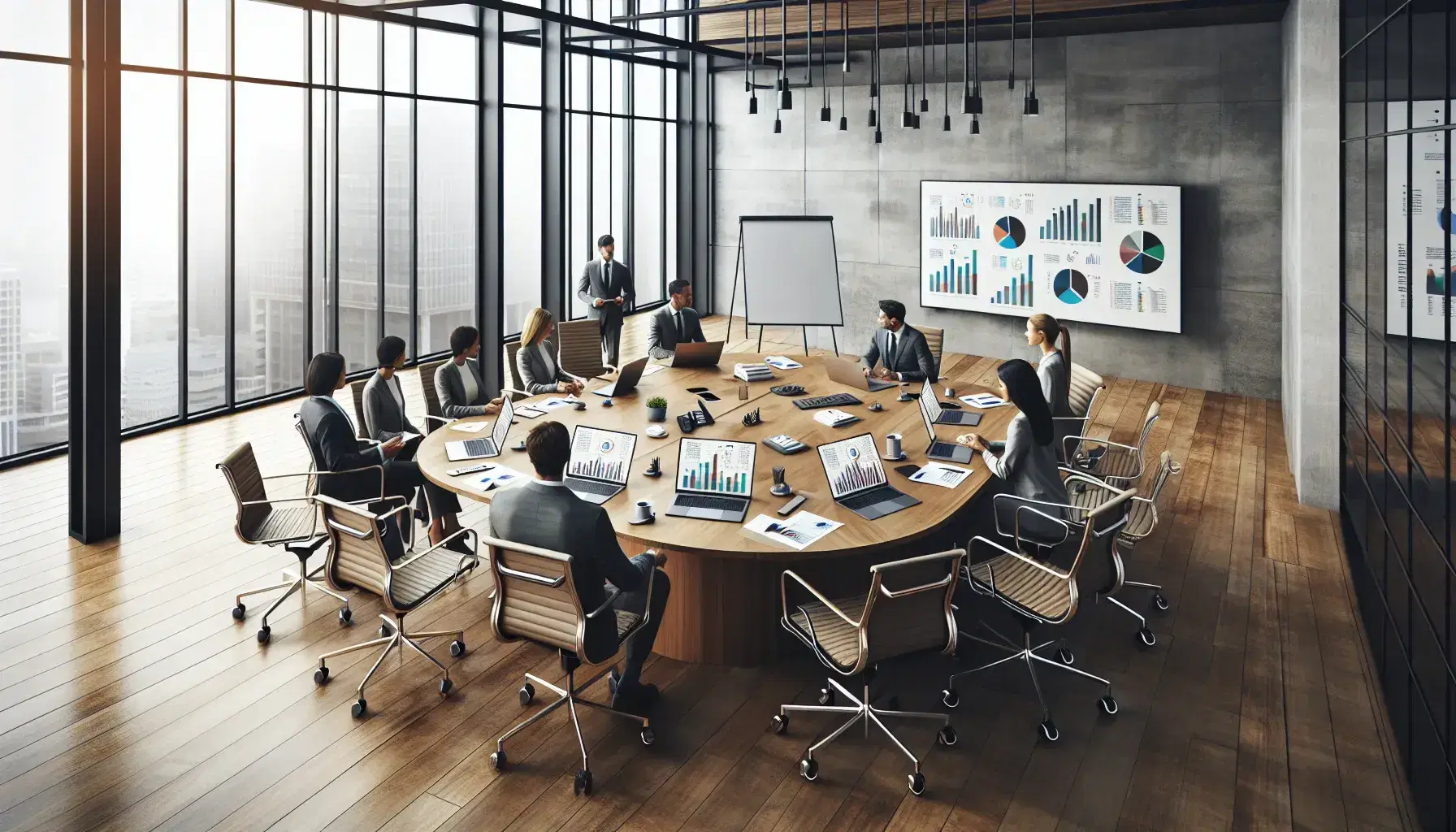 Professionals gather around an oval conference table with laptops displaying graphs, papers with charts, smartphones, and a whiteboard with markers in a well-lit office.