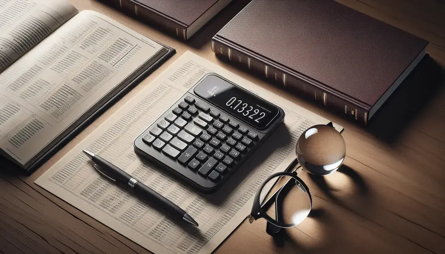 Organized office desk with modern calculator, crystal paperweight, eyeglasses on open book, folded newspaper, and silver pen on blank paper.