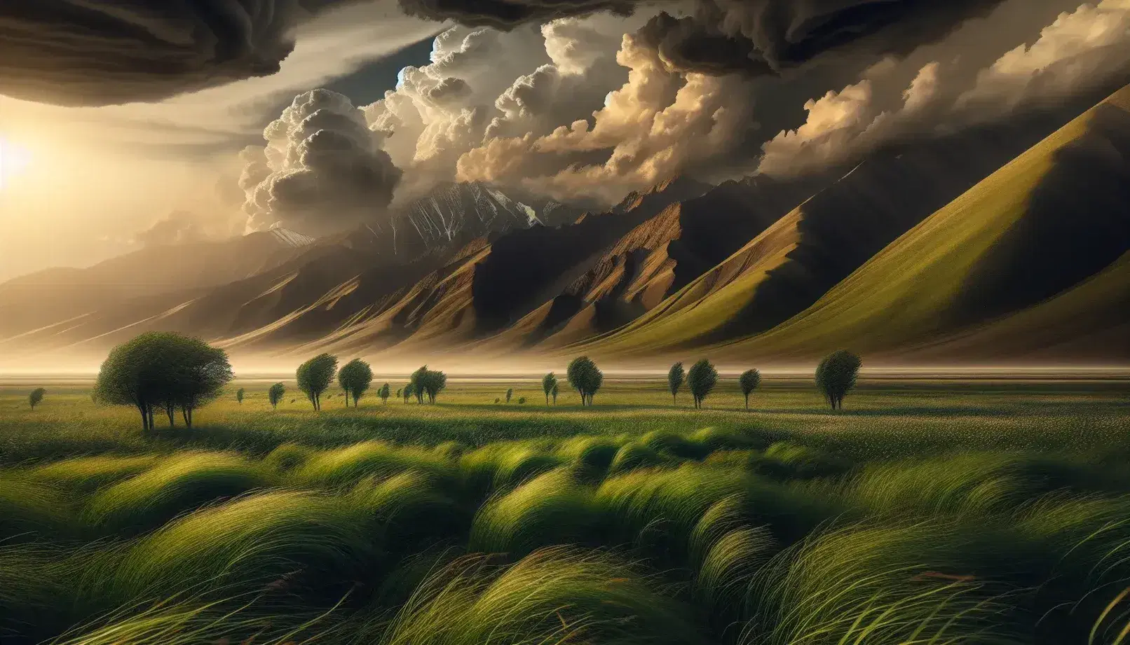 Campo verde con hierba ondulada por el viento, árboles dispersos, montañas con cimas nubladas y cielo contrastante con nubes grises amenazantes.