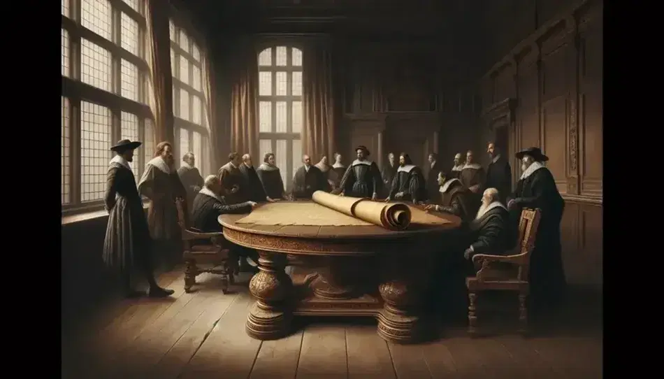 Group of people in historical clothing discuss around an antique oval table with rolled parchment in the center, in a naturally lit room.
