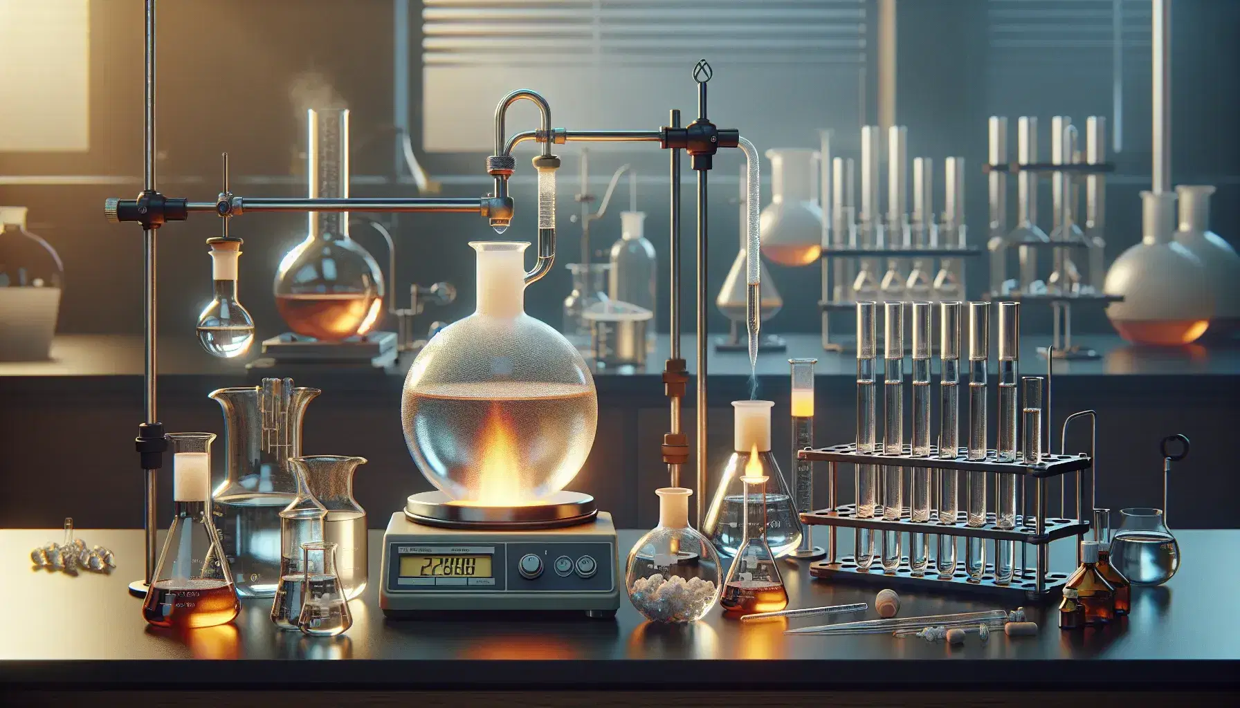 Scientific laboratory with flasks, beakers with crystalline substance, test tubes with colored solutions, digital scale and Bunsen burner.