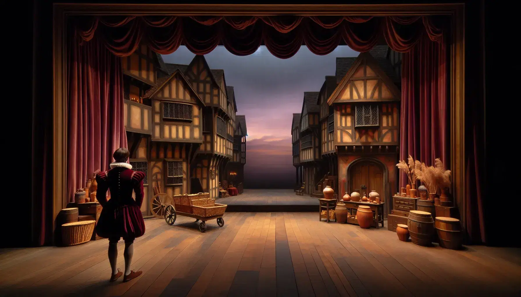 Theater scene ready for a Shakespearean performance with red curtains, half-timbered houses and actor in period costume.