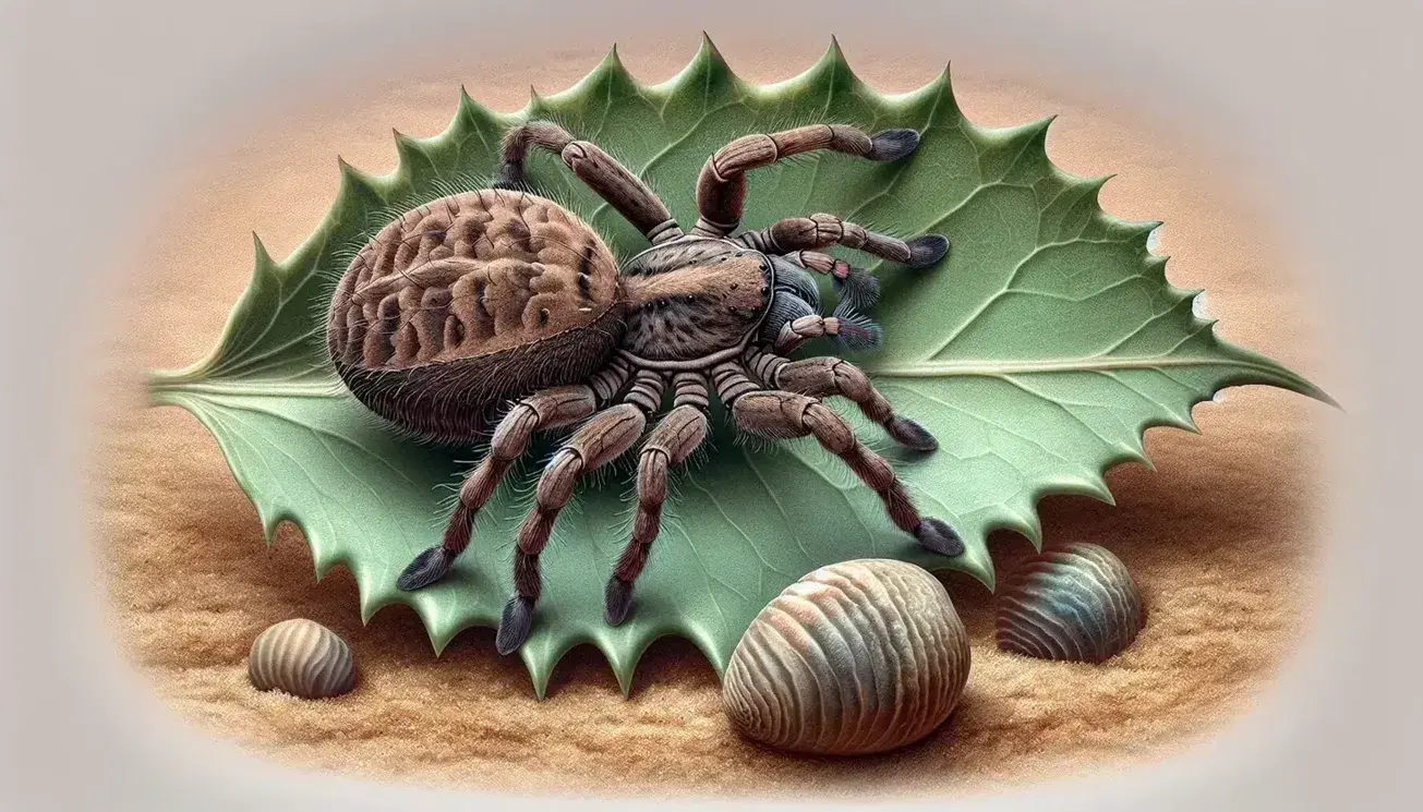 Female goblin spider on green leaf, 'mermaid's purse' shark egg on sandy background, lizard, Komodo dragon and bee in blurred background.