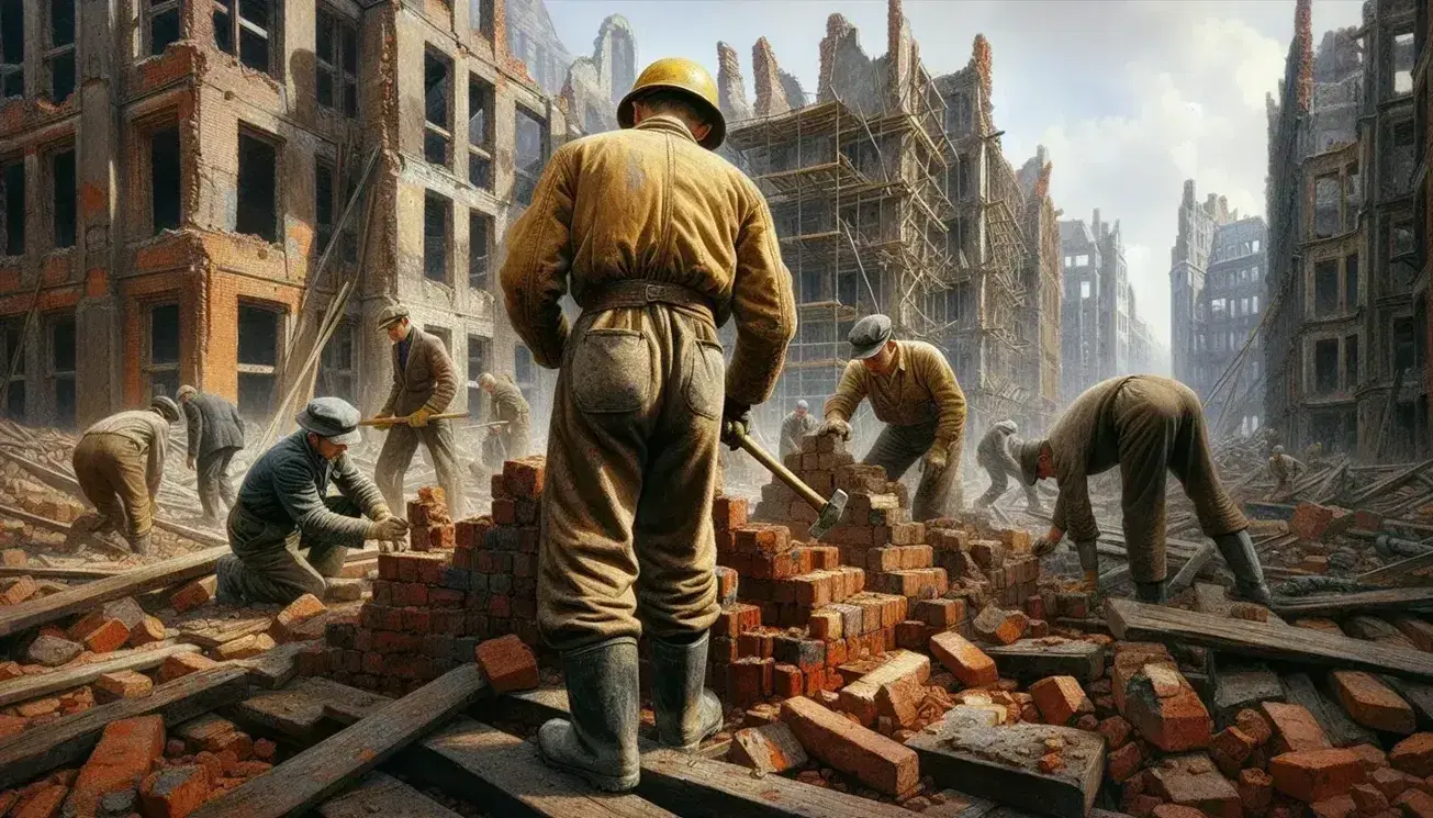 Construction workers at work rebuilding a post-World War II European city, repairing walls and removing rubble under a clear sky.