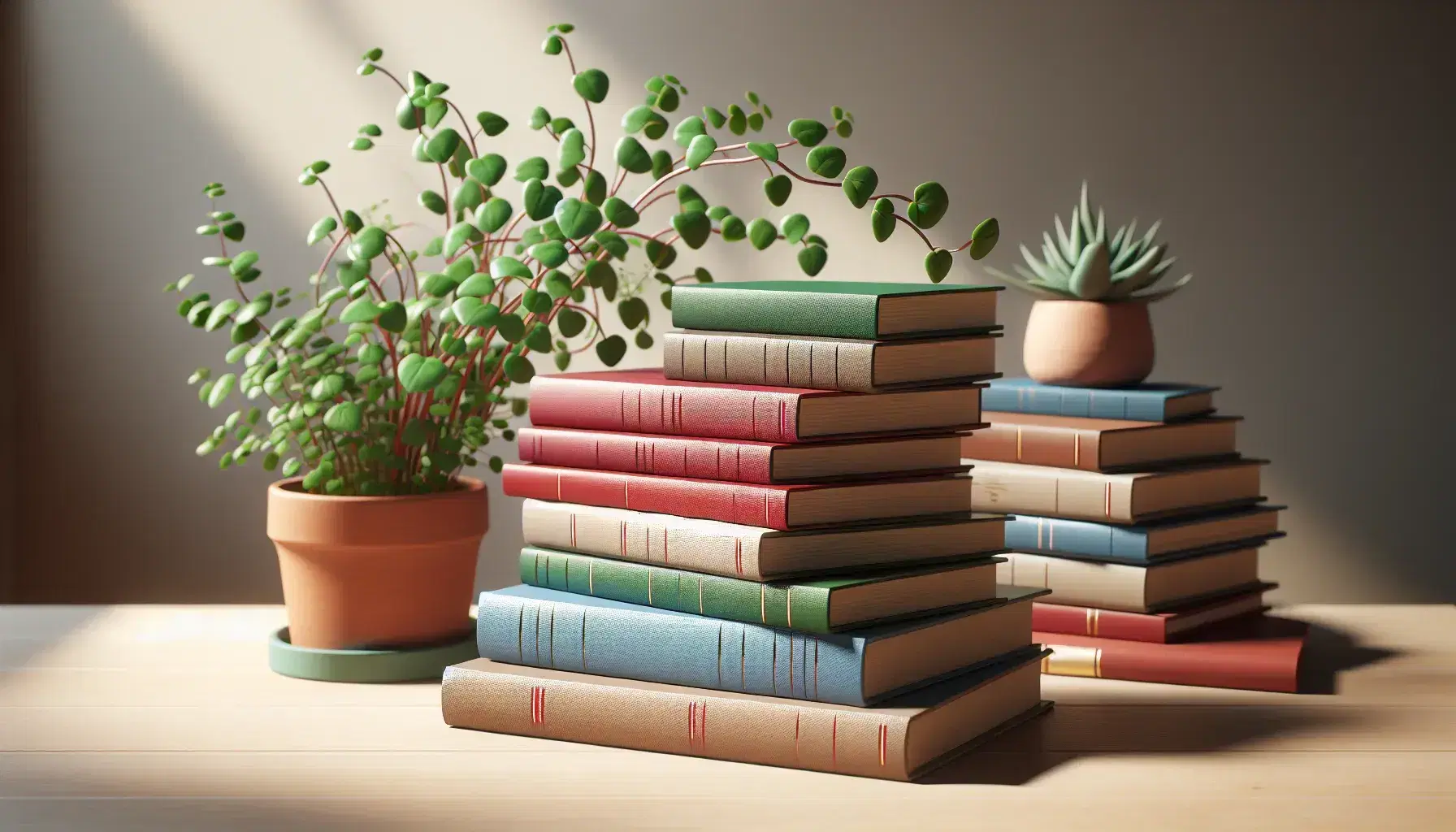 Libros apilados en tonos de azul, rojo, verde y marrón sobre mesa de madera clara con planta en maceta terracota al fondo, iluminados por luz natural.