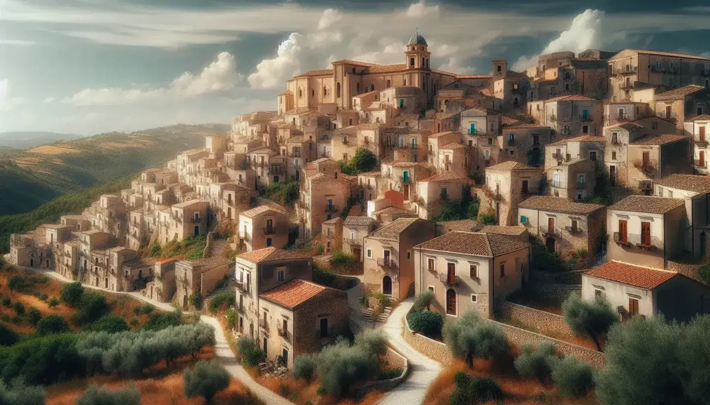 Vista panoramica del borgo medievale di Gerace in Calabria con edifici in pietra, tetti rossi, cattedrale e vegetazione mediterranea.