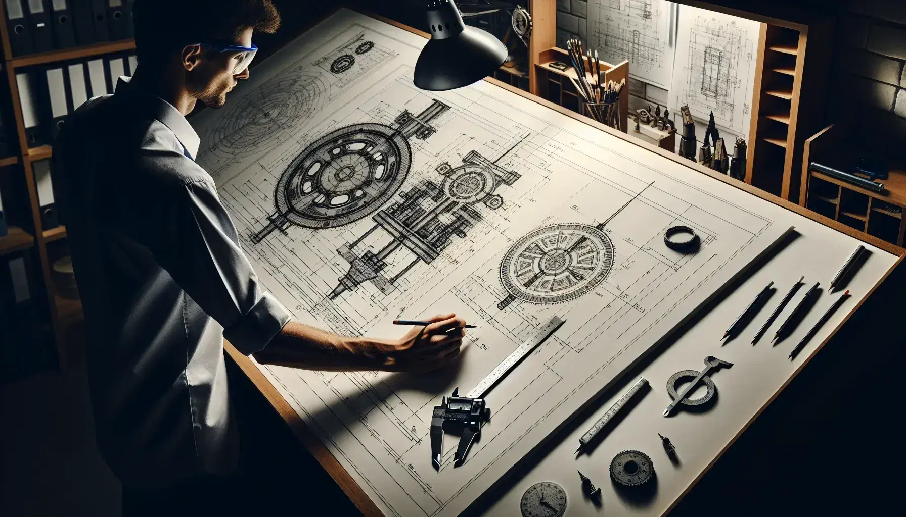 Ingegnere al lavoro su disegno tecnico industriale, con calibro in mano, su tavolo da disegno inclinato, senza testi visibili.