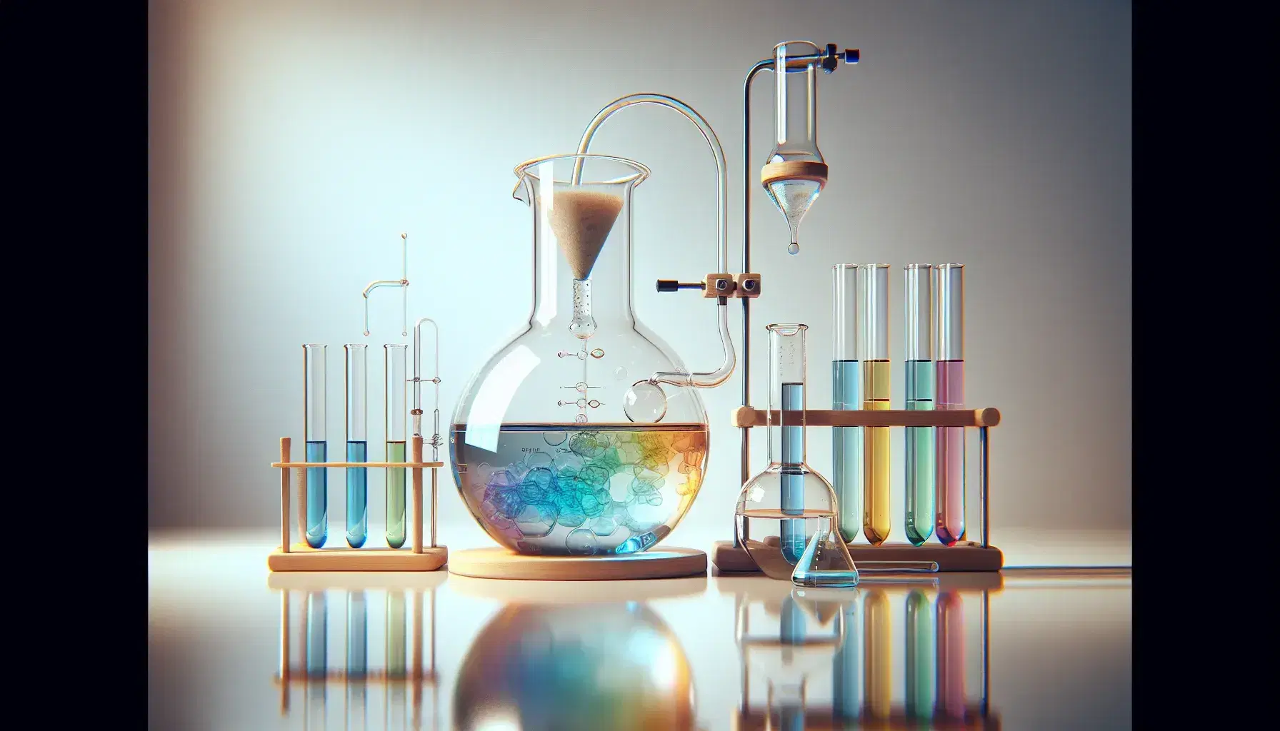 Laboratory with glass beakers and colored liquid, test tubes with colorful solutions, distillation setup and filtration funnel on reflective bench.