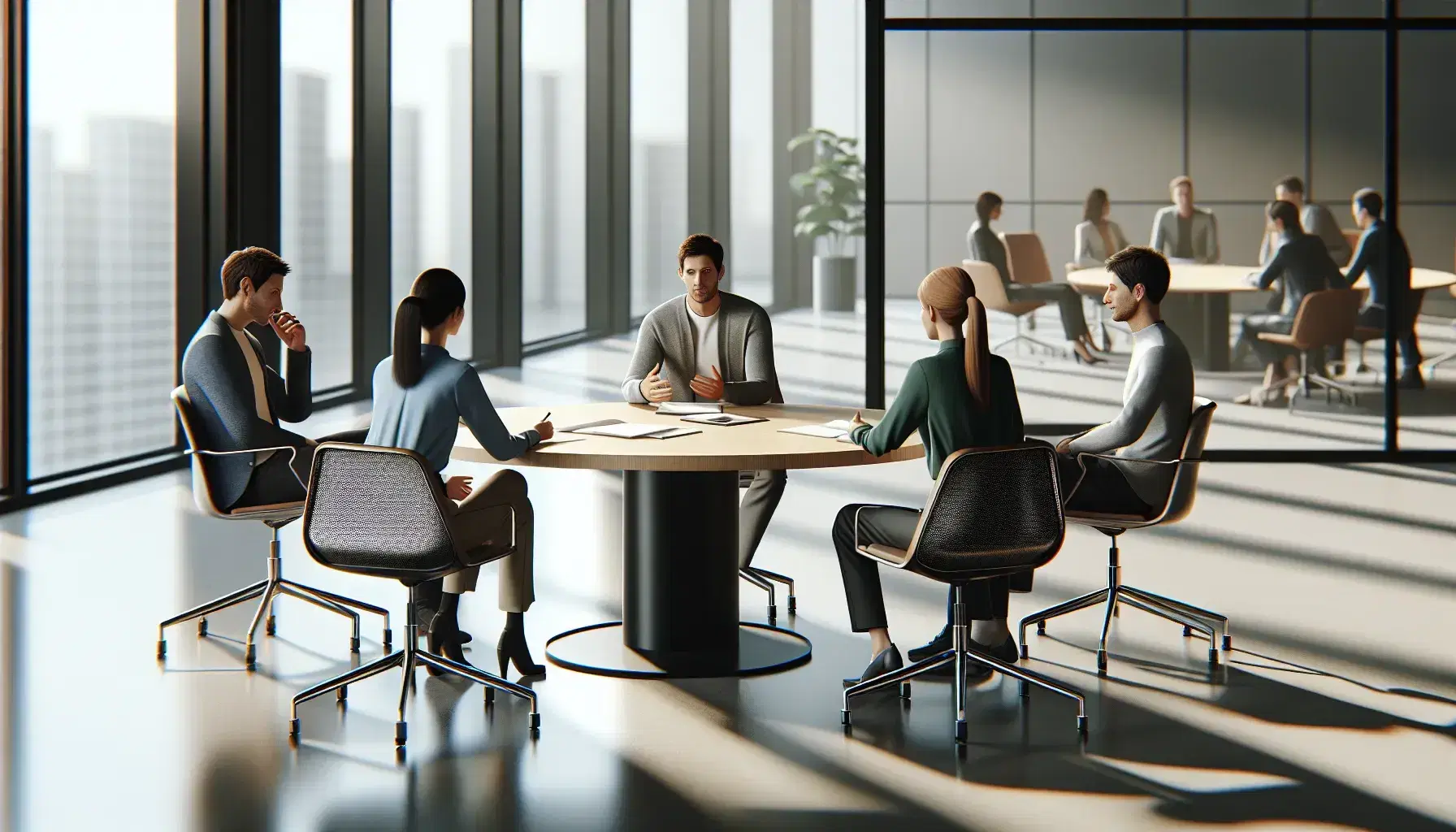 Modern open-plan office with a round table, four chairs, and a team of professionals engaged in a meeting, with a cityscape visible through a large window.
