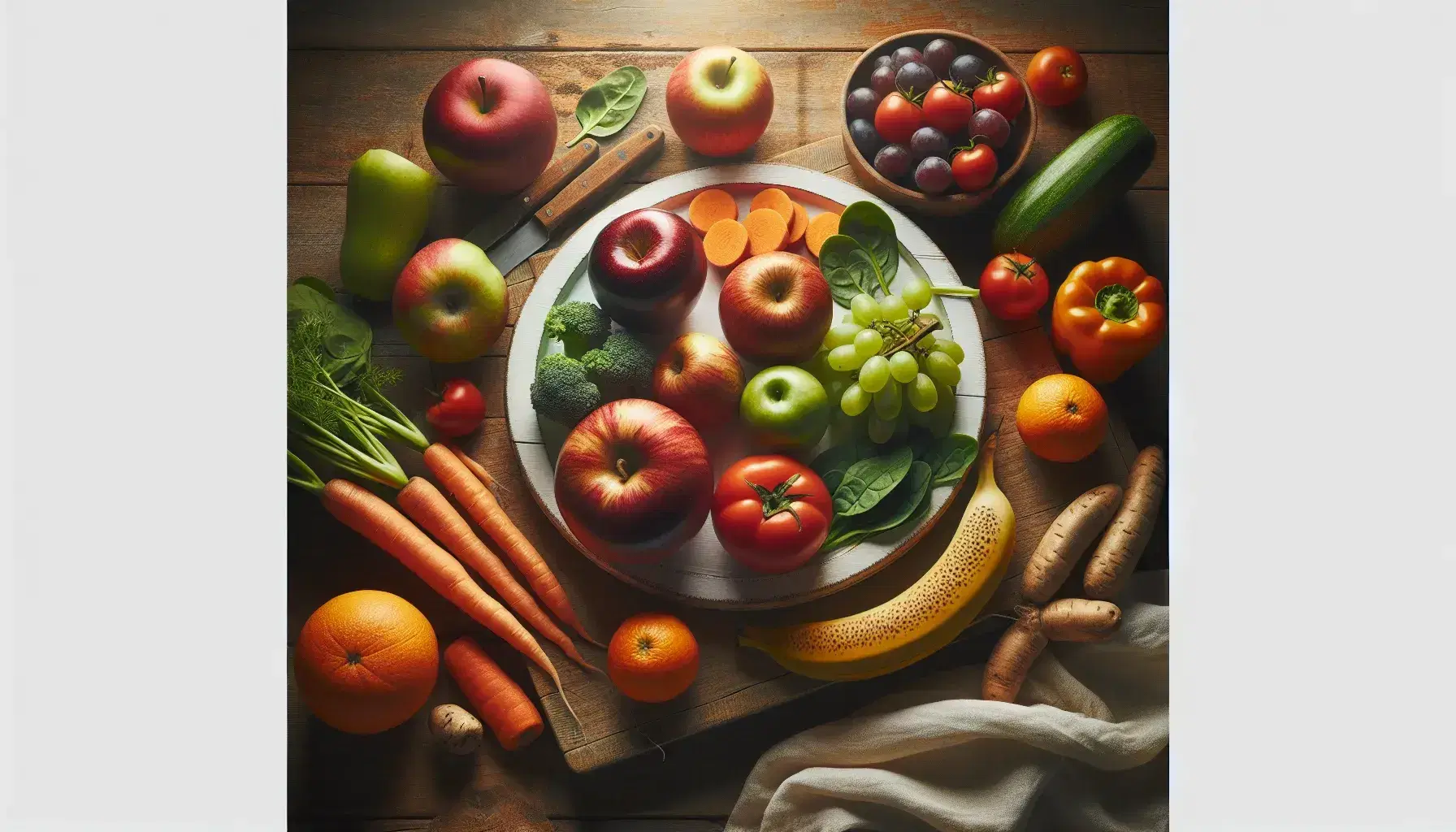 Variedad de frutas y verduras frescas sobre mesa de madera con plato de alimentos cortados al centro, incluyendo manzana roja, uvas verdes, zanahoria, tomate, espinacas y banana madura.