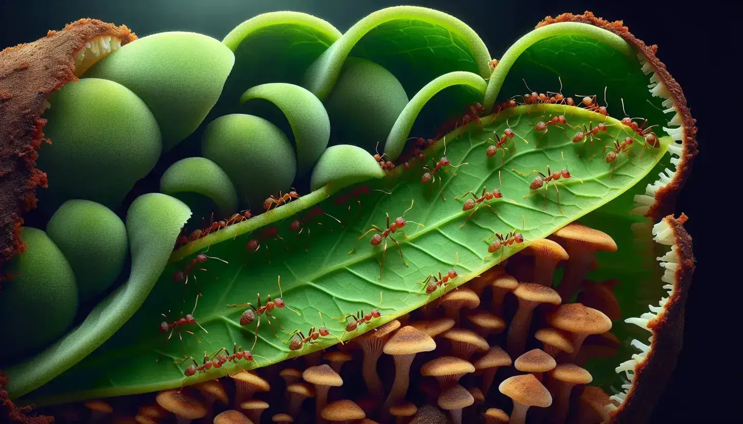Leafcutter ants carrying semi-circular leaf pieces in a line, with a blurred fungus garden in the background, showcasing their symbiotic relationship.