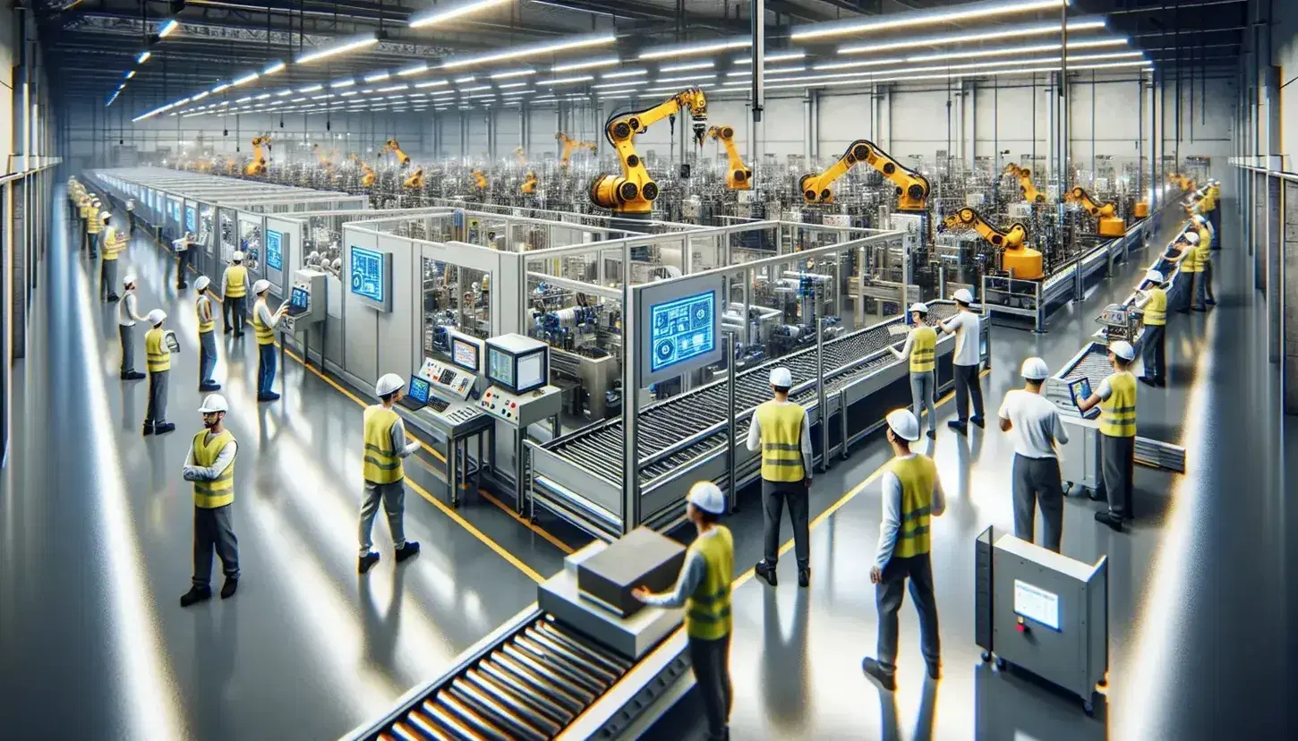Multi-ethnic workers in helmets and reflective vests work with robotic arms and control panels in a modern LED-lit factory.