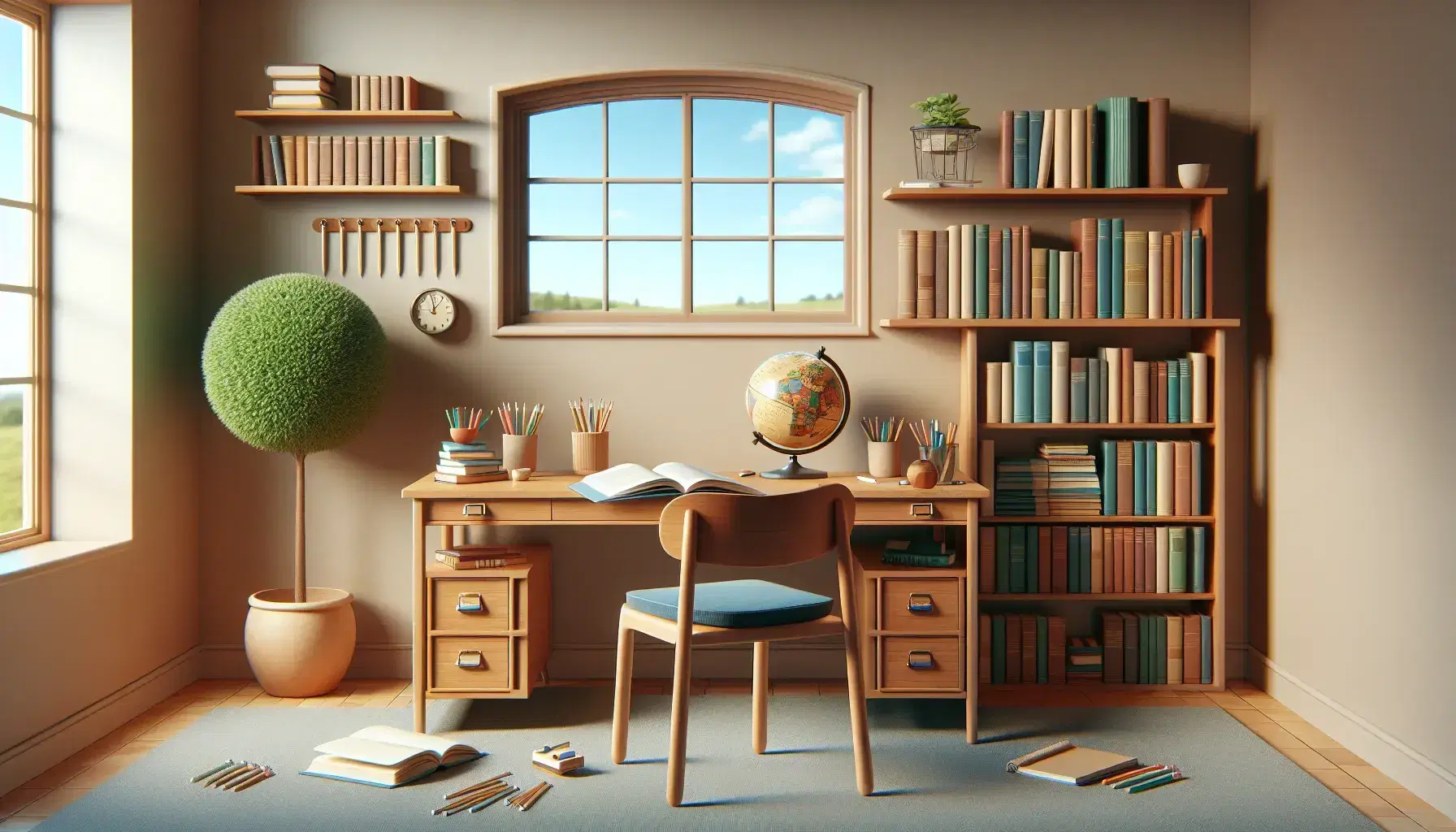 Bright and organized study with wooden desk, open book, globe, notebook, pencils and plant, flanked by bookcase and chair with blue cushion.