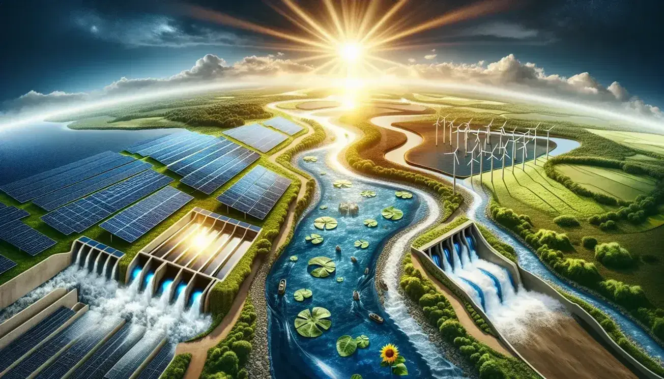 Paesaggio naturale con pannelli solari, diga idroelettrica e area geotermica che rappresentano fonti di energia rinnovabile sotto un cielo sereno.
