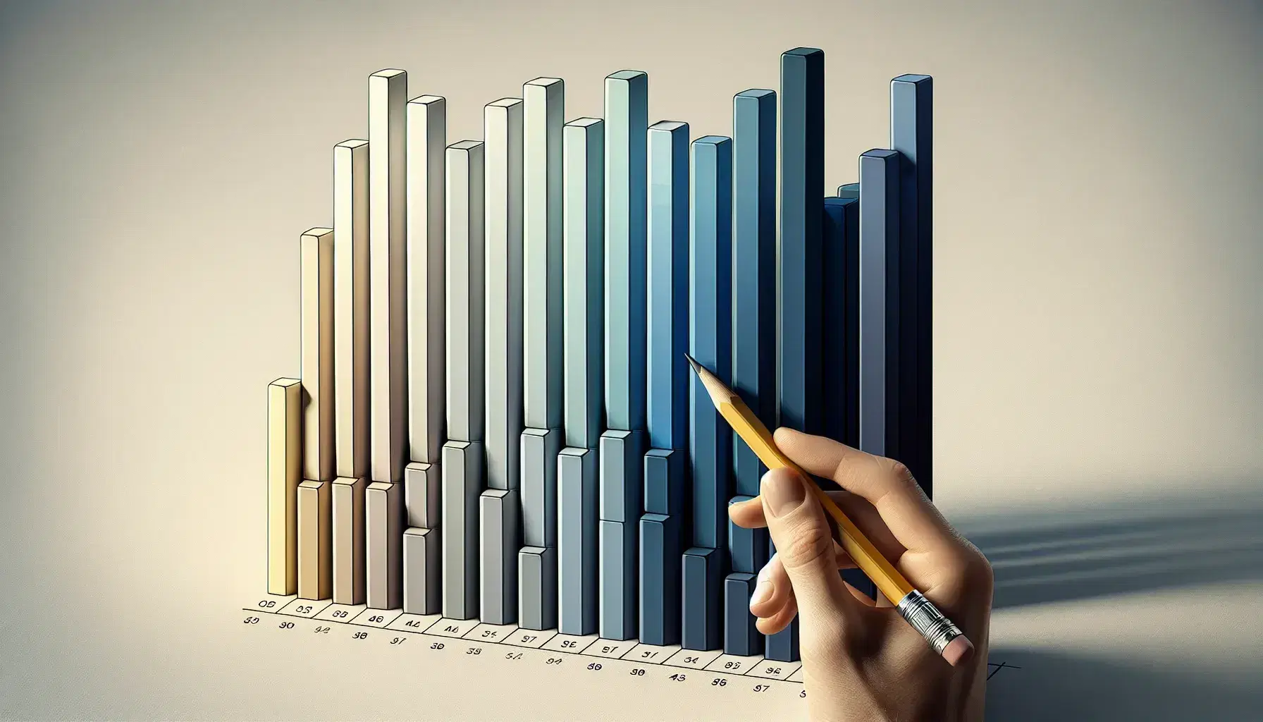Gráfico de barras en degradado de azules con mano sosteniendo lápiz apuntando a barra central, sin texto ni etiquetas, fondo neutro.