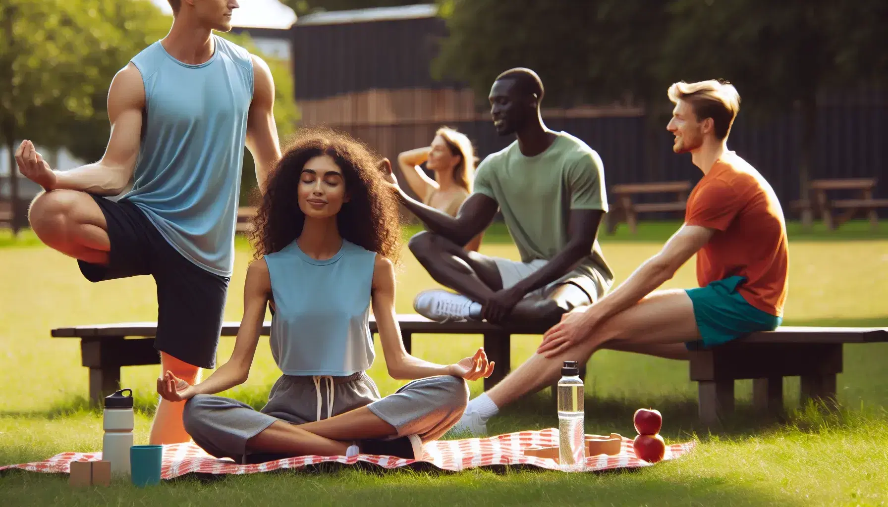 Grupo diverso de personas realizando actividades al aire libre en un parque, con estiramientos, meditación y conversación en un día soleado.