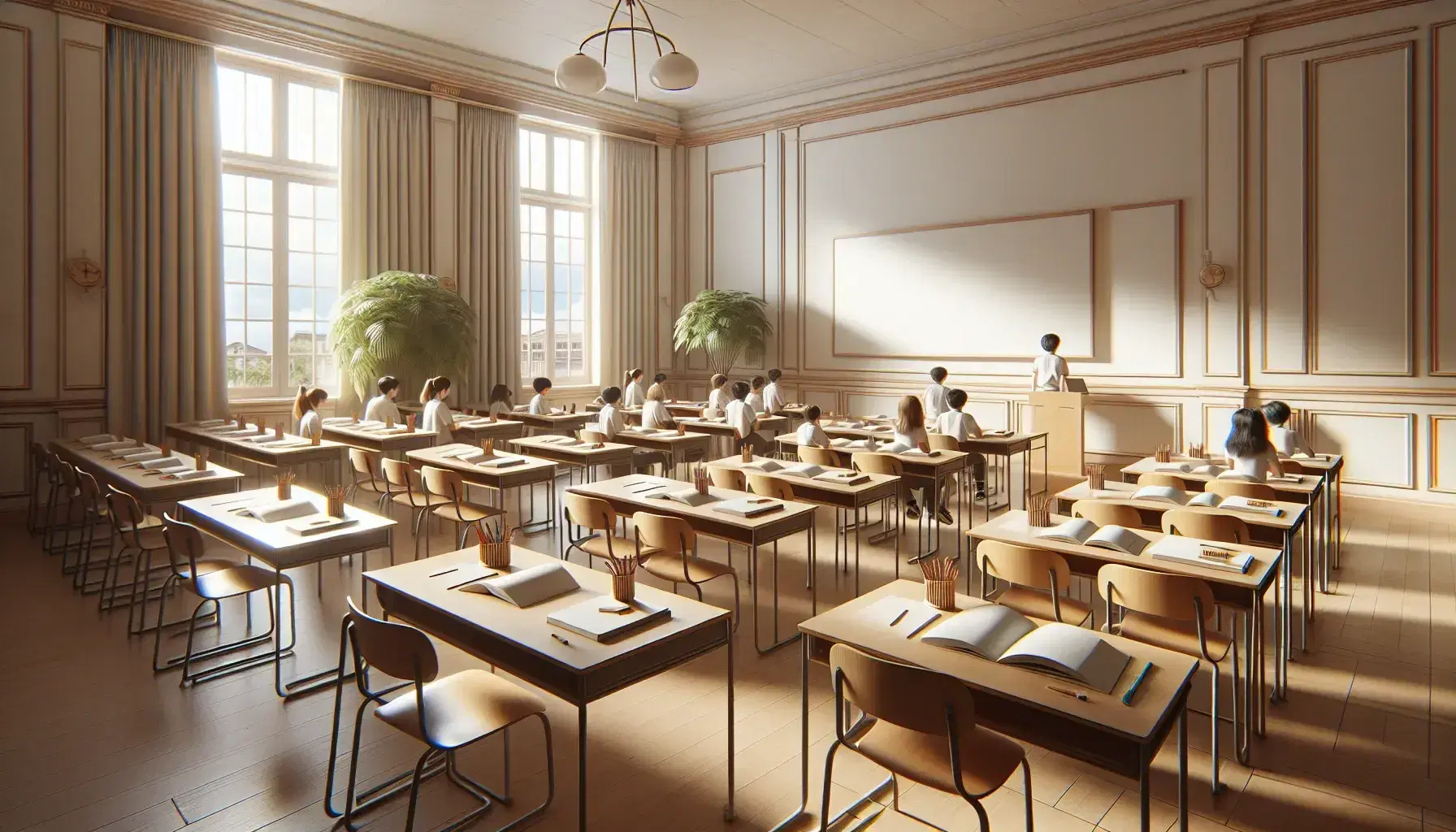 Classroom with wooden desks in a semi-circle, open notebooks, pencils, erasers, a whiteboard, and engaged students, with natural light and a green plant.