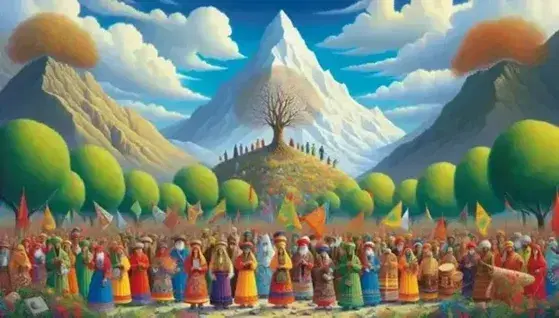 Incontro multiculturale ai piedi di una montagna rigogliosa, con persone in abiti tradizionali e un altare di pietra con offerte.