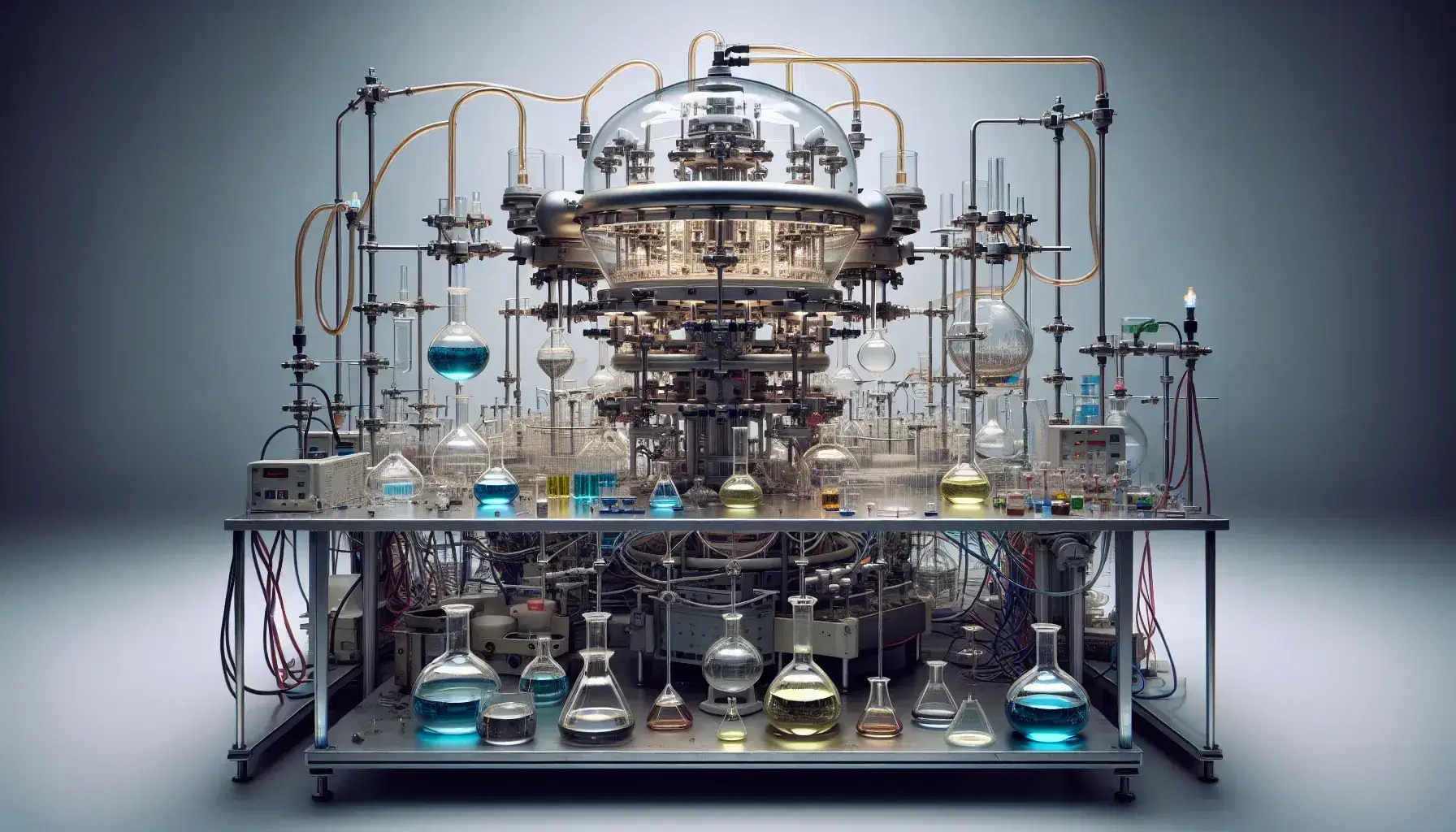 Science laboratory with complex glassware on table, colored liquids, particle accelerator-like machinery and scientist at work.