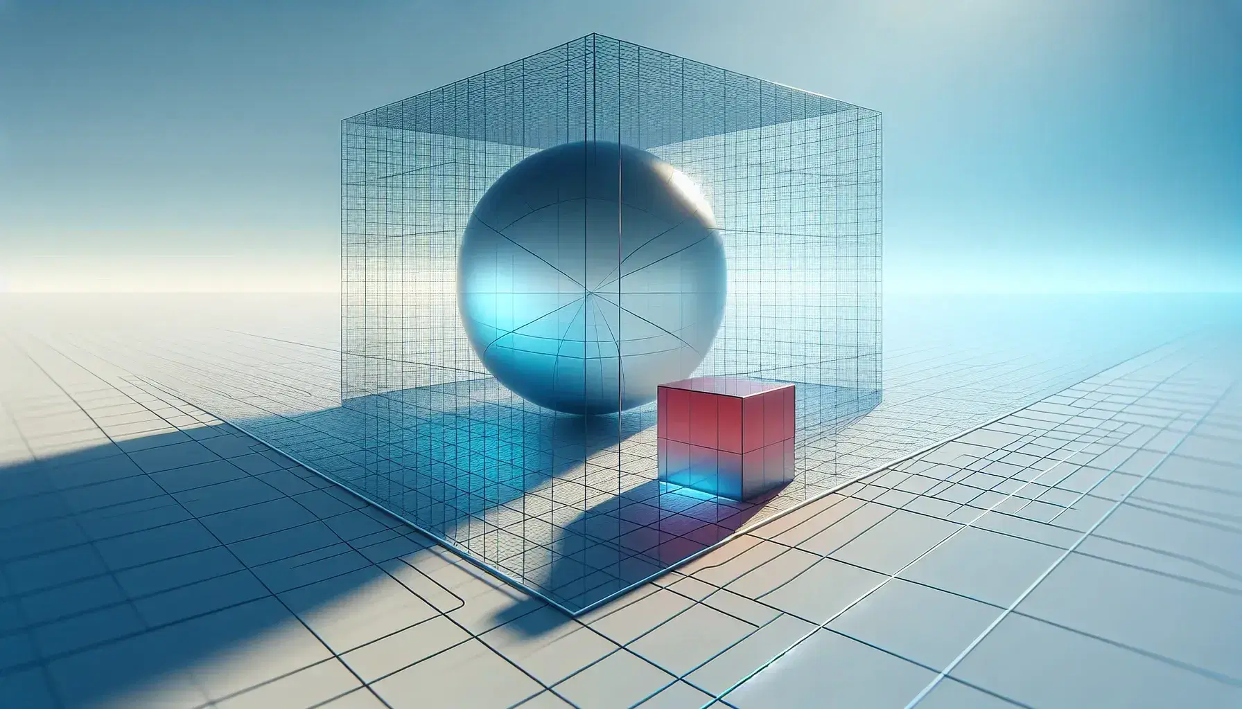 Three geometric shapes—a blue sphere, a red cube, and a green pyramid—on a grid, intersected by a translucent cyan plane in a light-filled space.