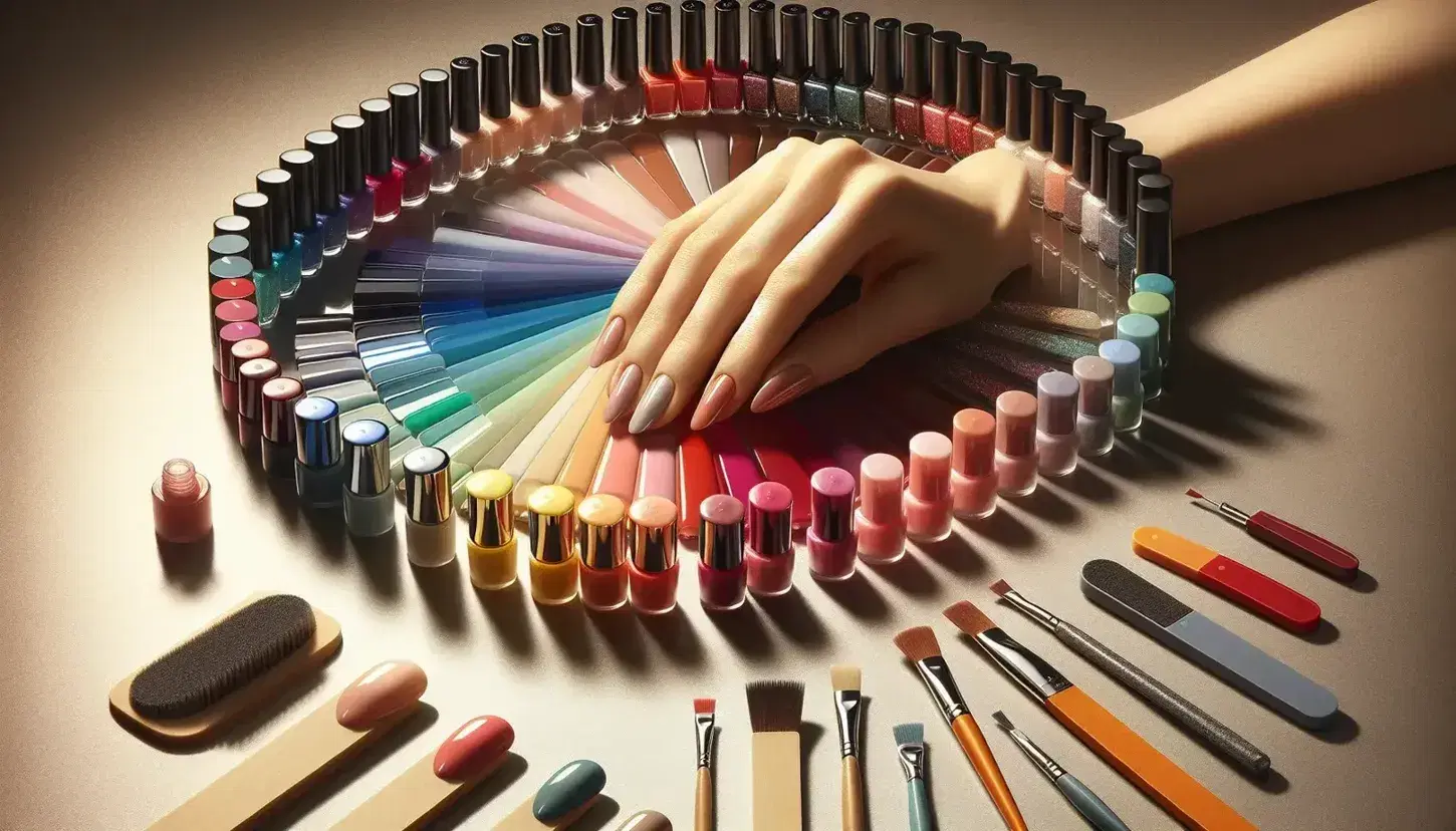 Variedad de esmaltes de uñas en tonos pastel a oscuros con tapas de colores, mano femenina con uñas pintadas y herramientas de manicura en fondo neutro.