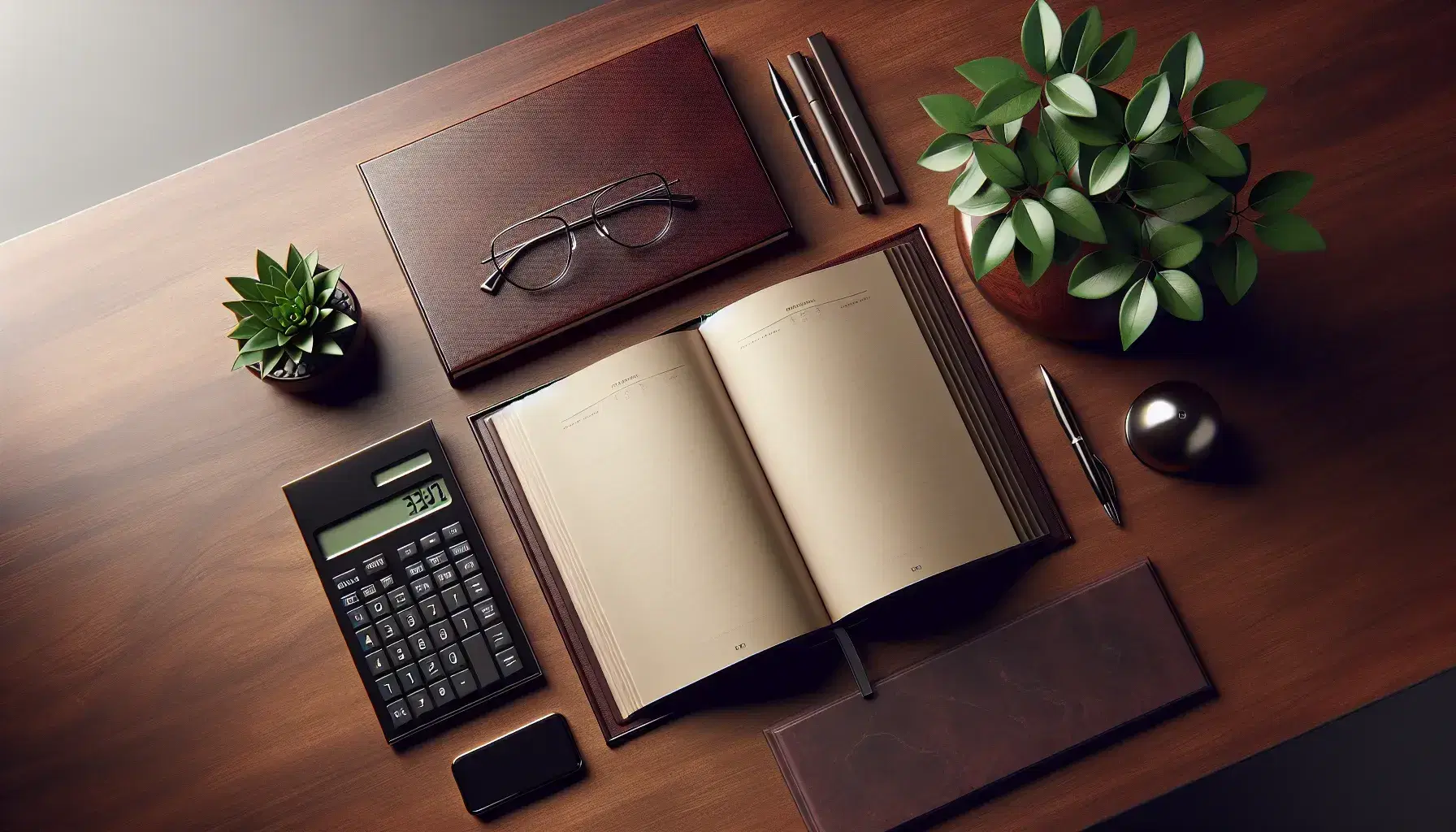 Top-down view of a tidy office desk with an open blank book, modern calculator, silver eyeglasses, and a potted plant on a dark walnut surface.