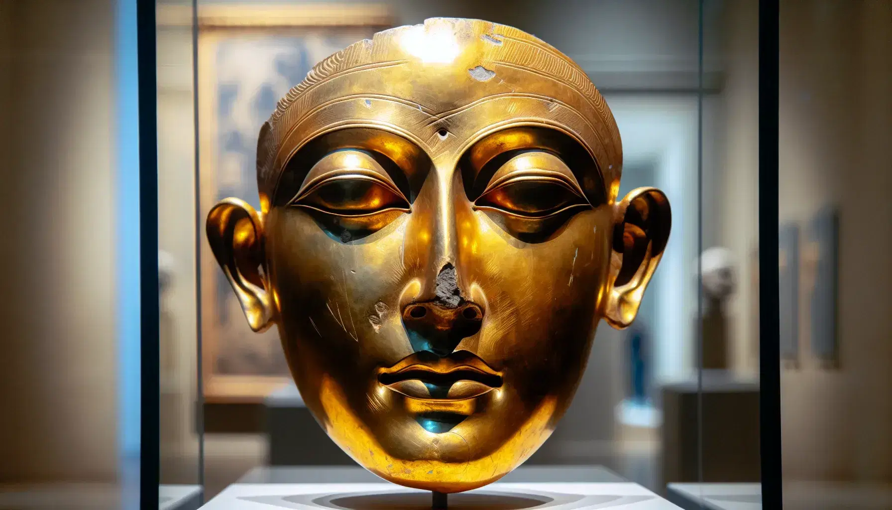 Maschera funeraria in oro del periodo miceneo, con dettagli incisi che raffigurano occhi chiusi, sopracciglia arcuate e bocca leggermente aperta.